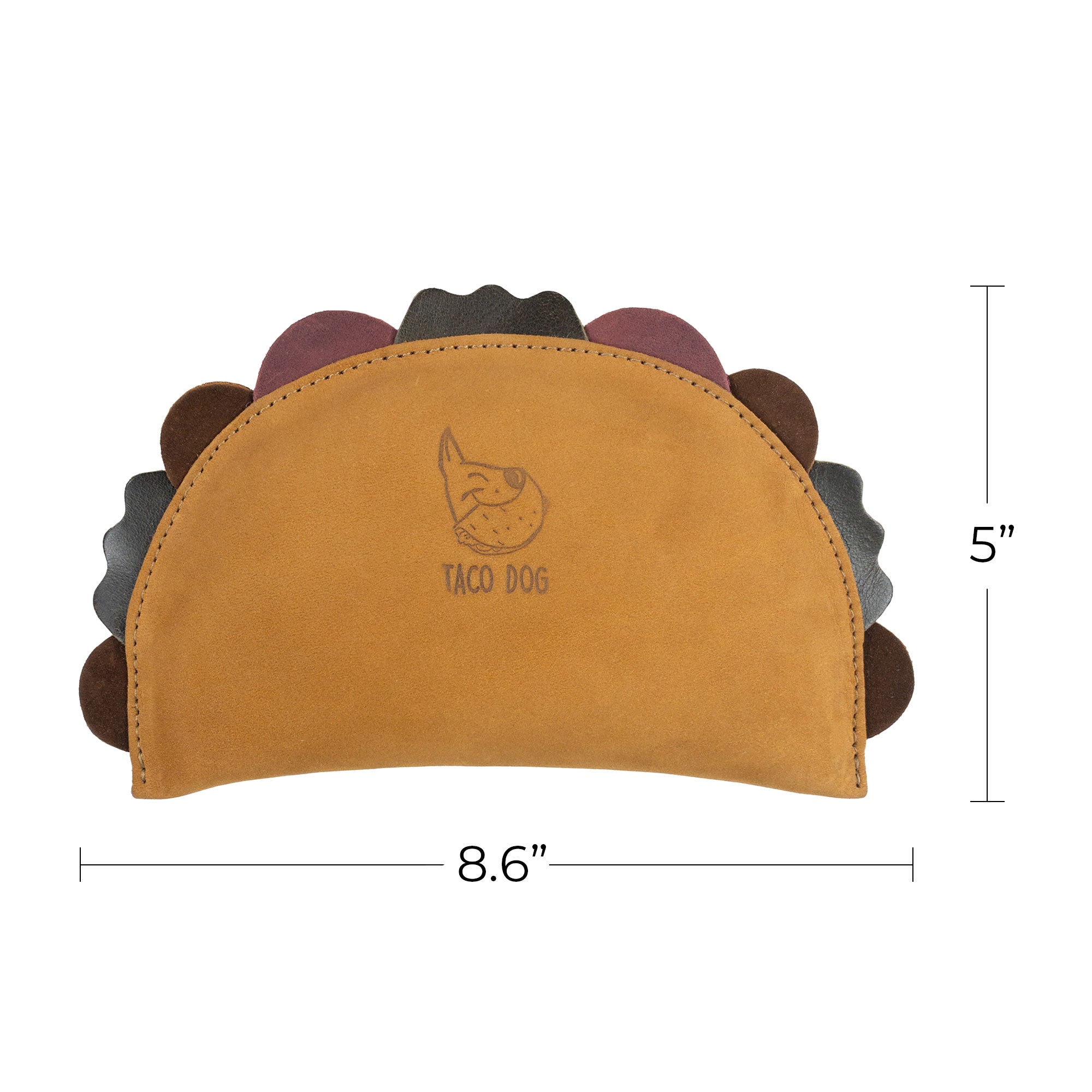 Displayed dimensions of Taco Dog's Taco-Shaped Chew Dog Toy, emphasizing its unique artisan design and durable full grain leather. Perfect accessory for puppies and active chewers, handmade with care in La Antigua Guatemala.