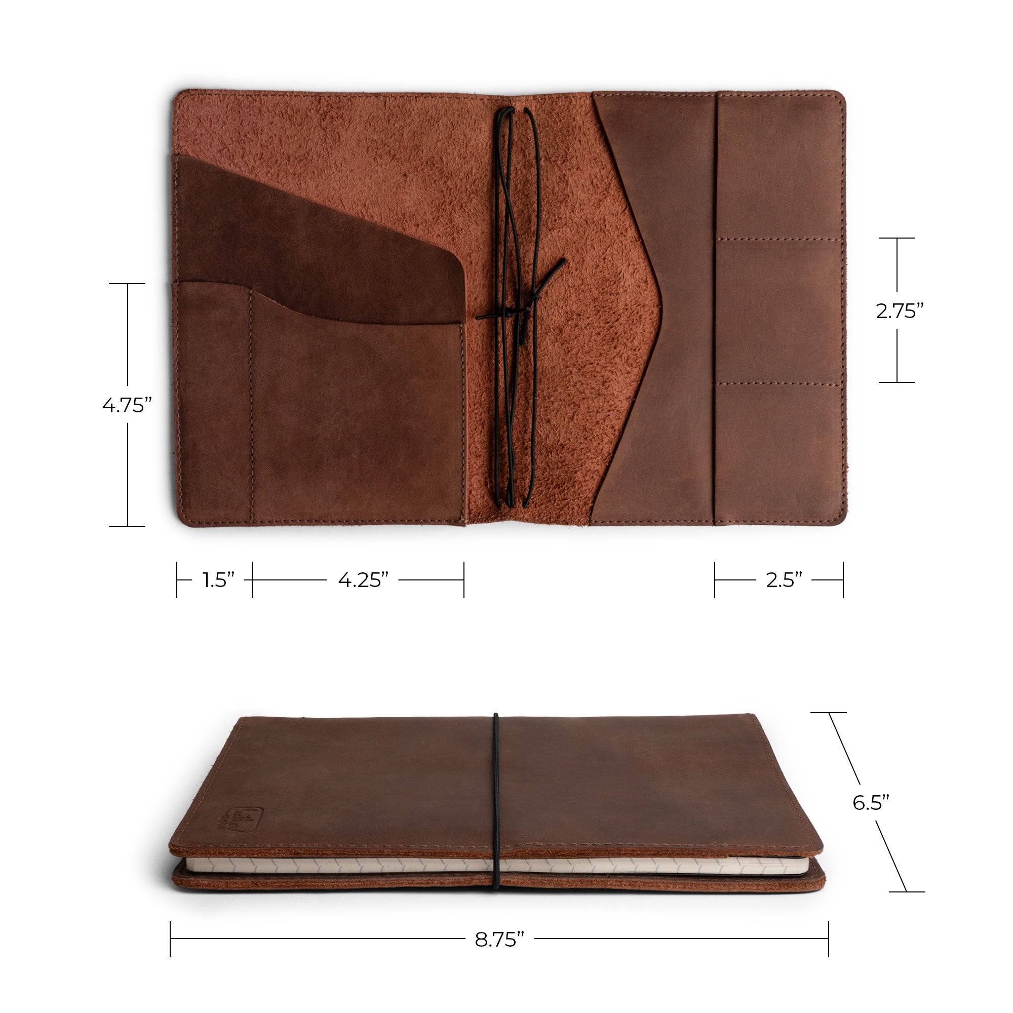 Refillable Cover for A5 Notebooks (5.75 x 8.25 in.) by Leather Worx, showcasing dimensions and open interior design of the Classic Cover, crafted with attention to detail in full grain leather, symbolizing small batch production, hand cut, hand sewn excellence, fire branded, artisan made, in La Antigua Guatemala & Oaxaca Mexico.