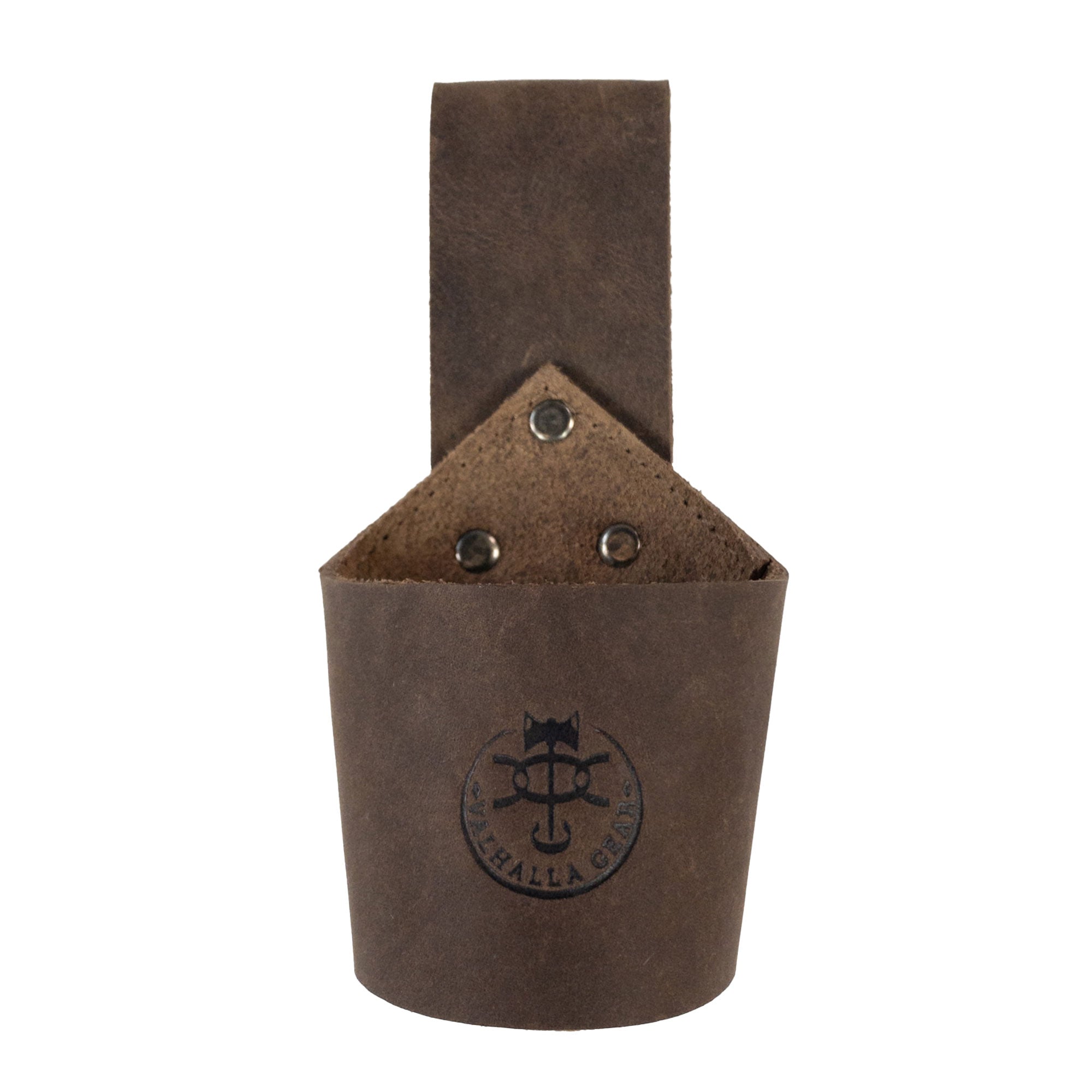 A close-up view of Valhalla Gear's Single Axe Holster emphasizes its durable construction and artisan craftsmanship. This accessory for tools combines functionality with style, featuring a double belt loop for secure carrying. Crafted from full grain leather in La Antigua Guatemala & Oaxaca Mexico, each piece is hand cut, hand sewn, and showcases the commitment to quality in small batch production.