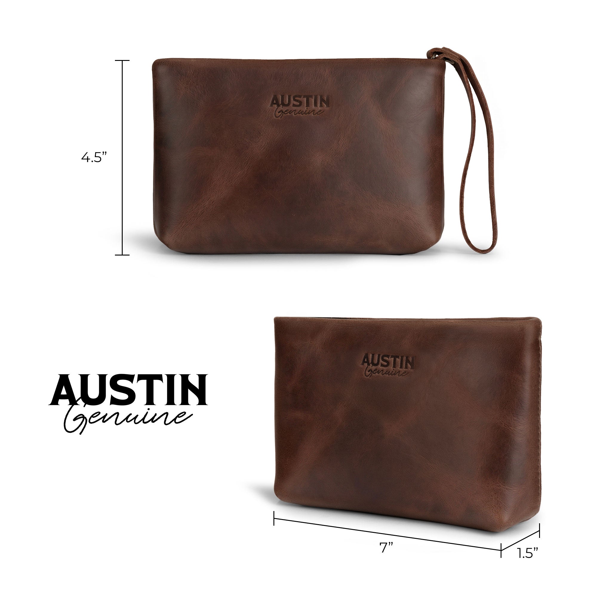 Austin Genuine The Seaholm Makeup Bag dimension guide showing the brown Full Grain Leather pouch measuring 7 inches wide, 4.5 inches high, and 1.5 inches deep; StockyardX Small Batch Production, Hand Cut, Hand Sewn, Fire Branded, Artisan, Handmade in La Antigua Guatemala & Oaxaca Mexico.