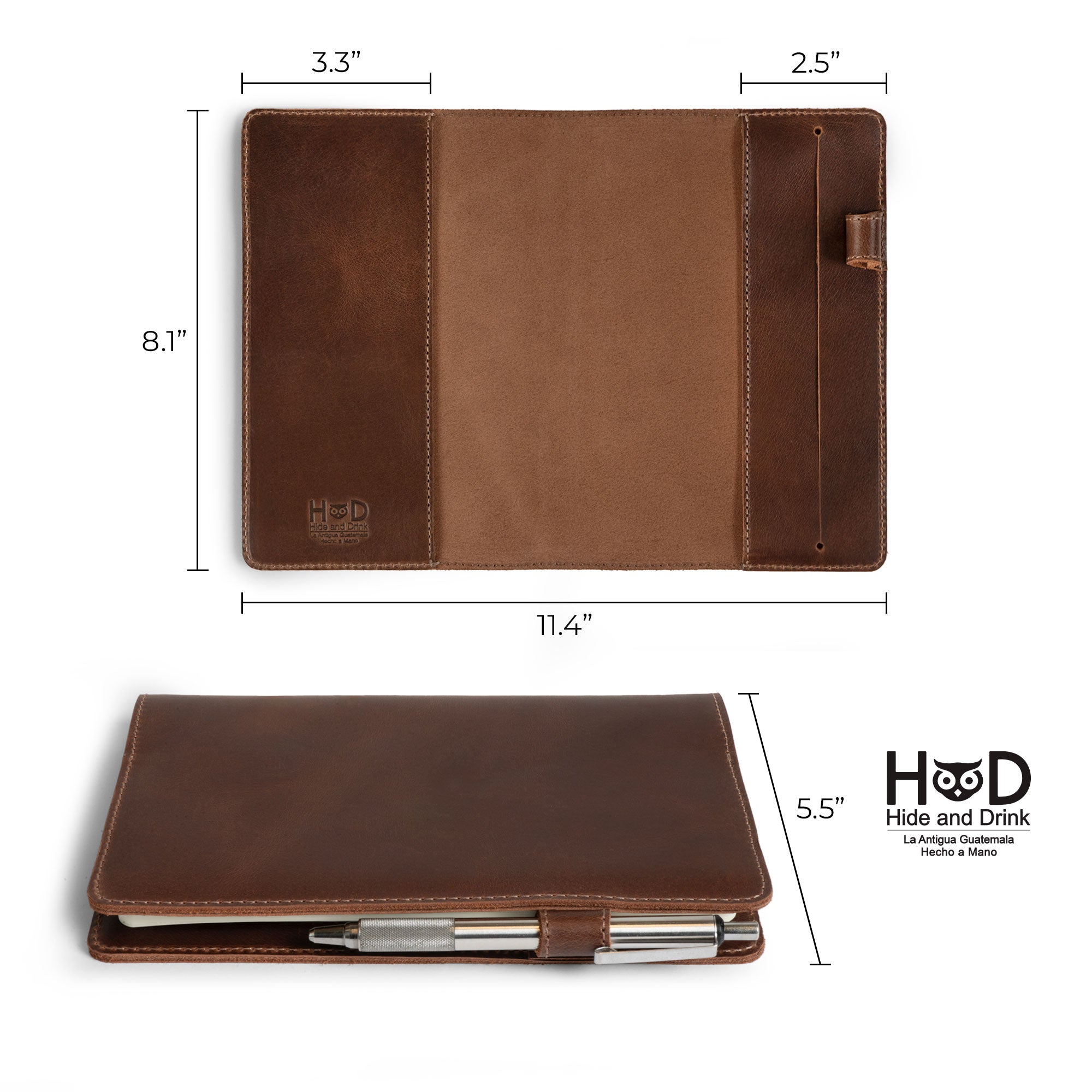 Dimensions and features of the Cover for Leuchtturm1917 Classic Notebook Hard Cover B6+ Size (125 x 190 mm) by Hide & Drink, illustrating the Journal Case's design elements made from Full Grain Leather, emphasizing Hand Cut and Fire Branded details for an artisanal feel.