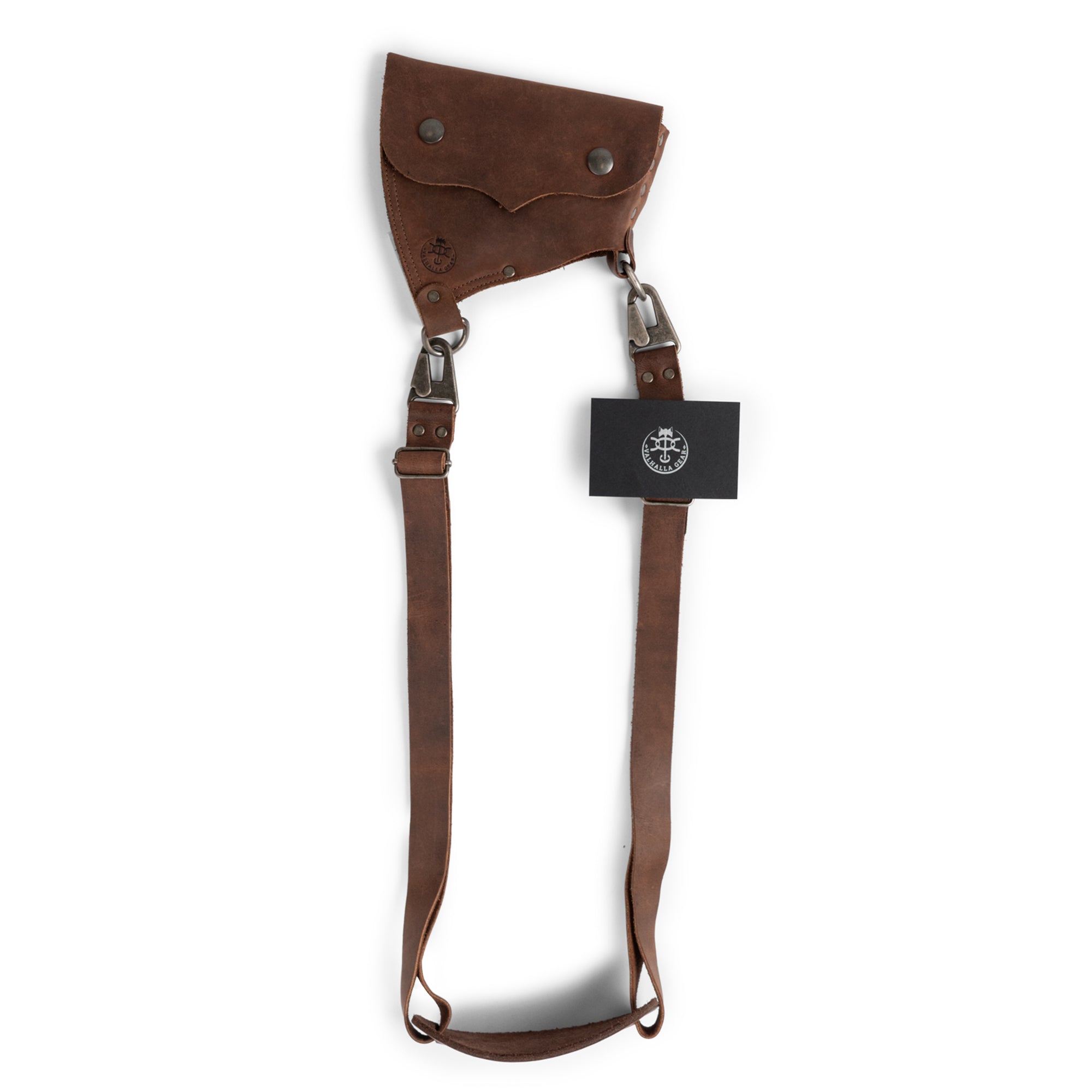 Dimensions of the Axe Head Sheath with Shoulder Strap by Valhalla Gear, illustrated with sizing details for optimal fit. Biased towards usability, this robust, handmade sheath crafted from full grain leather is essential for any lumberjack.