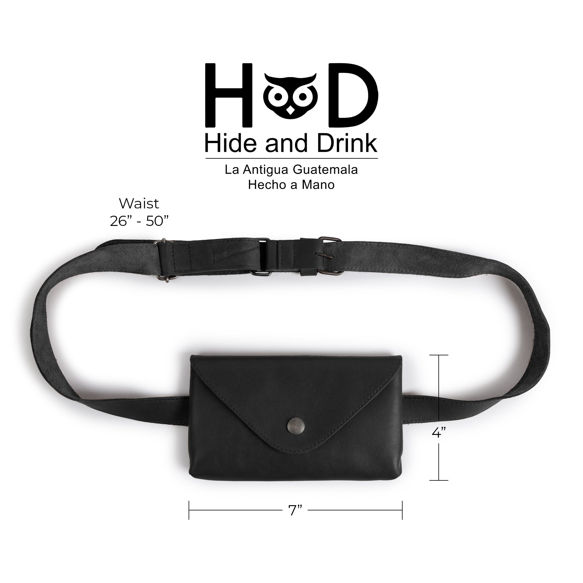 Dimensions of Hide & Drink's Fancy Fanny Pack, illustrating its compact size. This full grain leather waist pouch doubles as a medieval bag or stylish vintage purse. Handcrafted in La Antigua Guatemala, focusing on artisan small batch production.