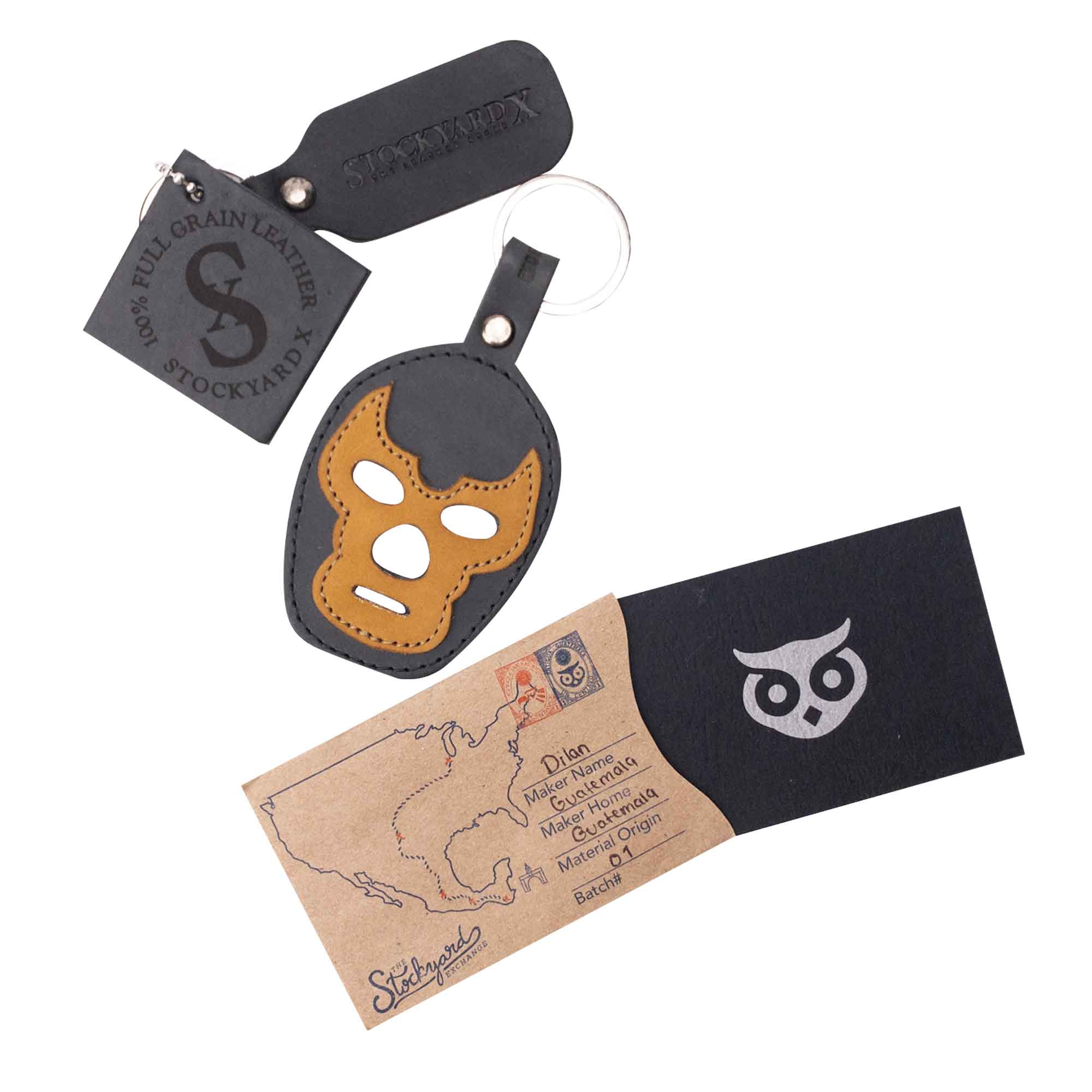 Luchador Mask Leather Keychain in a unique design, perfect for those looking to elevate their keyring game. This key organizer made by Hide & Drink is crafted from high-quality full grain leather, emphasizing artisanal small batch production. Each piece is hand cut, hand sewn, and fire branded in La Antigua Guatemala and Oaxaca Mexico.