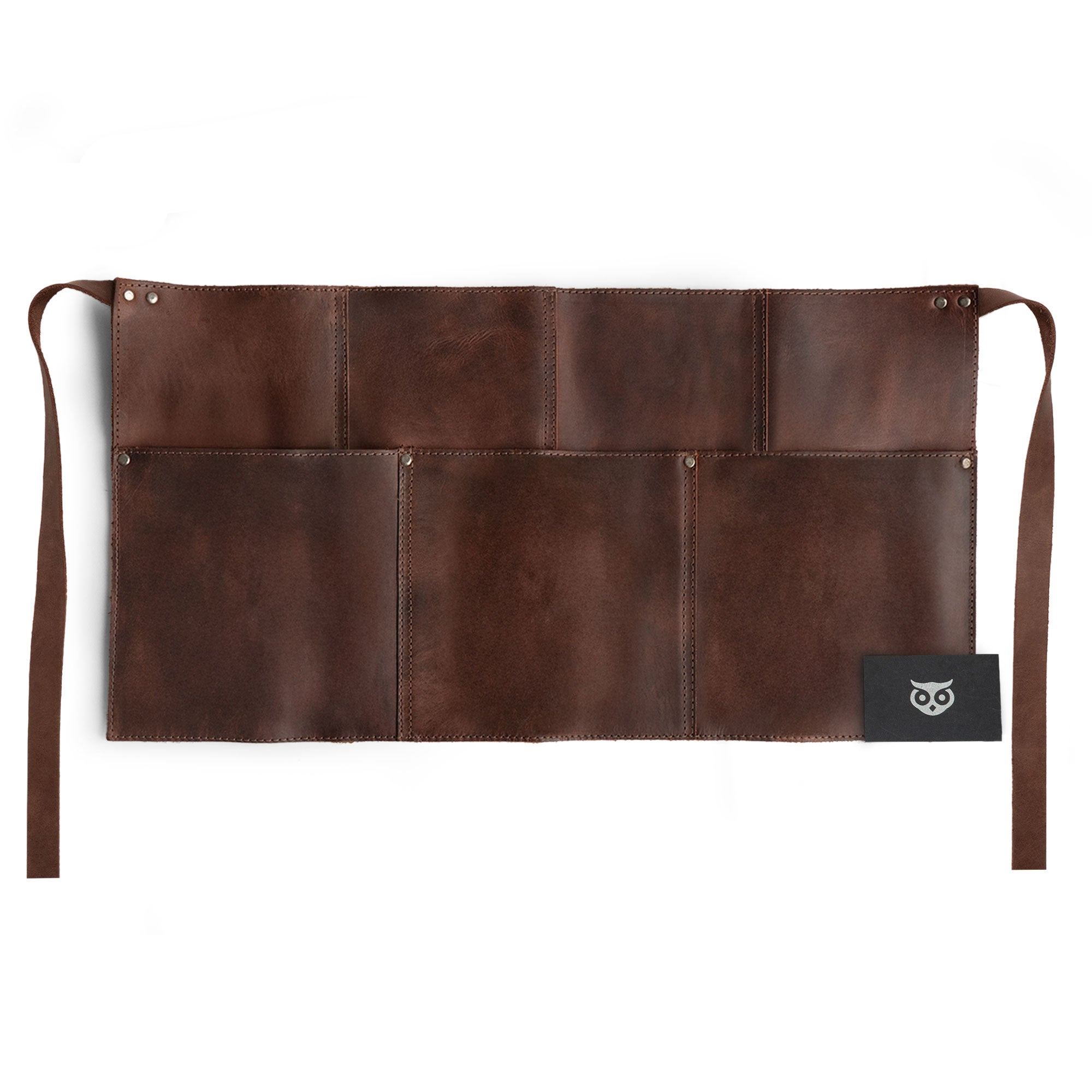 Hide & Drink Barista Leather Waist Apron displayed with its riveted pockets, showcasing its functionality as waitress and waiter accessories. This full grain leather apron is handcrafted in small batch production in La Antigua Guatemala & Oaxaca Mexico.