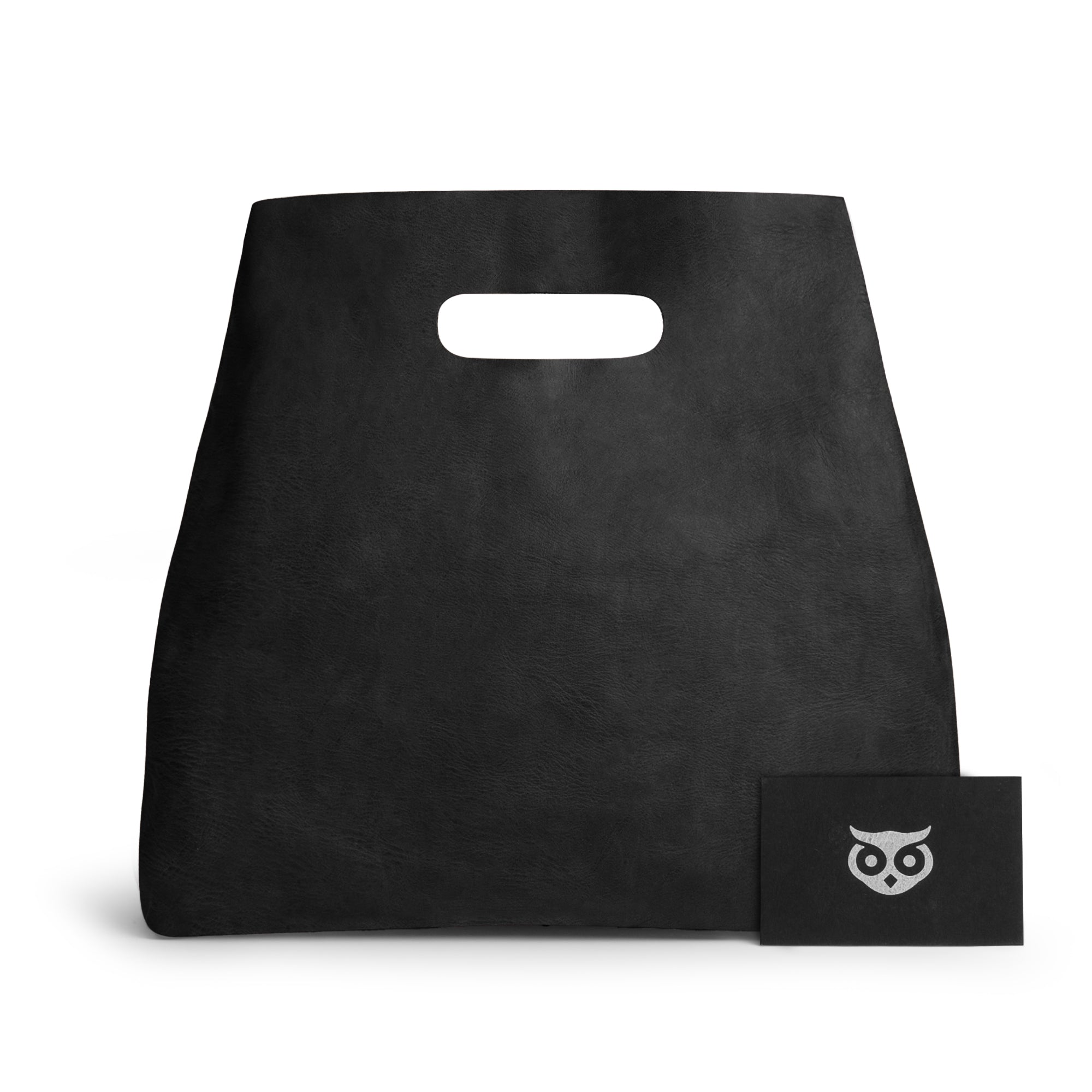 Hide & Drink Minimalist Boho Black Handbag with a business card, illustrating its elegant design and brand. This stylish minimalist handbag for women is perfect for any occasion, being artisan-made in La Antigua Guatemala & Oaxaca Mexico.