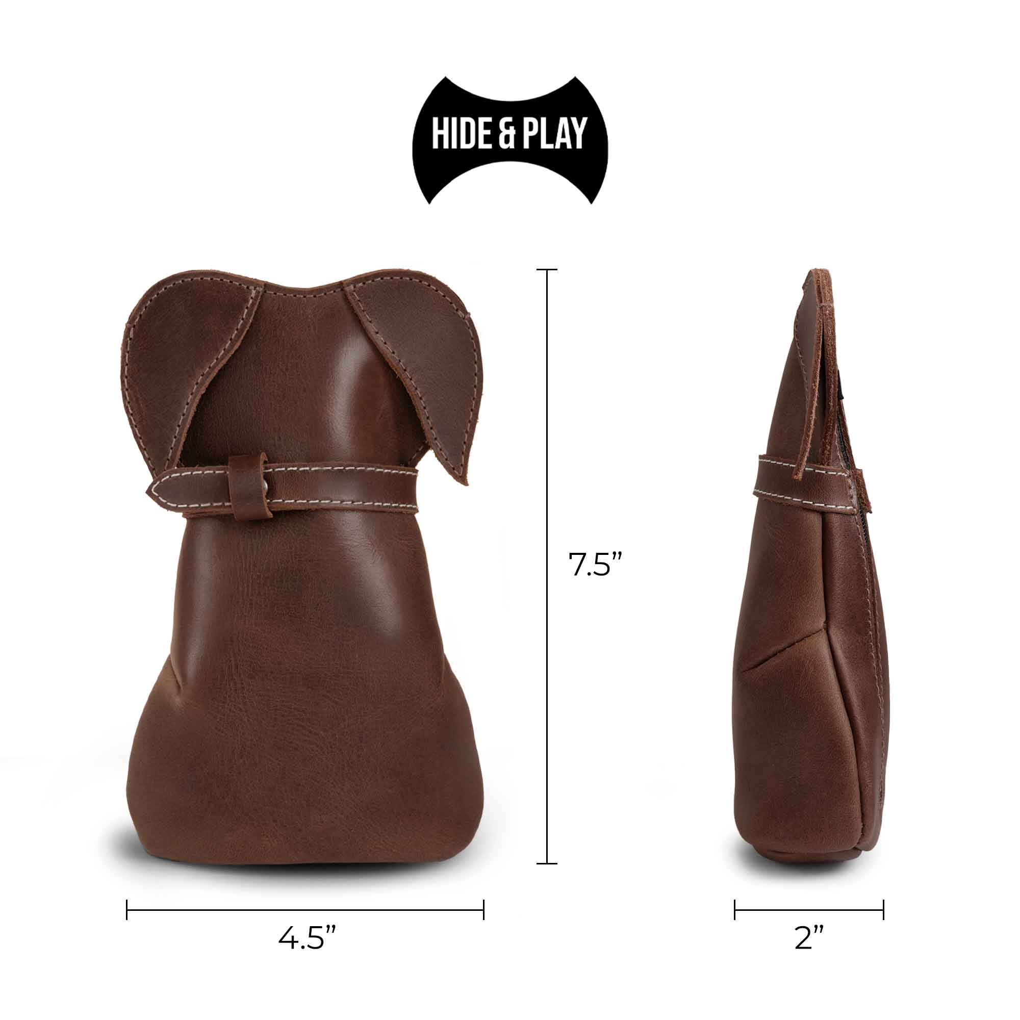 Dimensions of the Leather Doggy Pouch by Hide & Play, detailing its size as a Leather Doggy-Shaped Coin Pouch Piggy Bank. Featuring a stylish design, it serves well as a Cash Holder Organizer, Coin Purse for Men & Women, and a Money Saving Box. Perfect as a Small Mens Wallet for Coins, the pouch is crafted using Full Grain Leather with meticulous hand cut and hand sewn artistry from La Antigua Guatemala and Oaxaca Mexico.