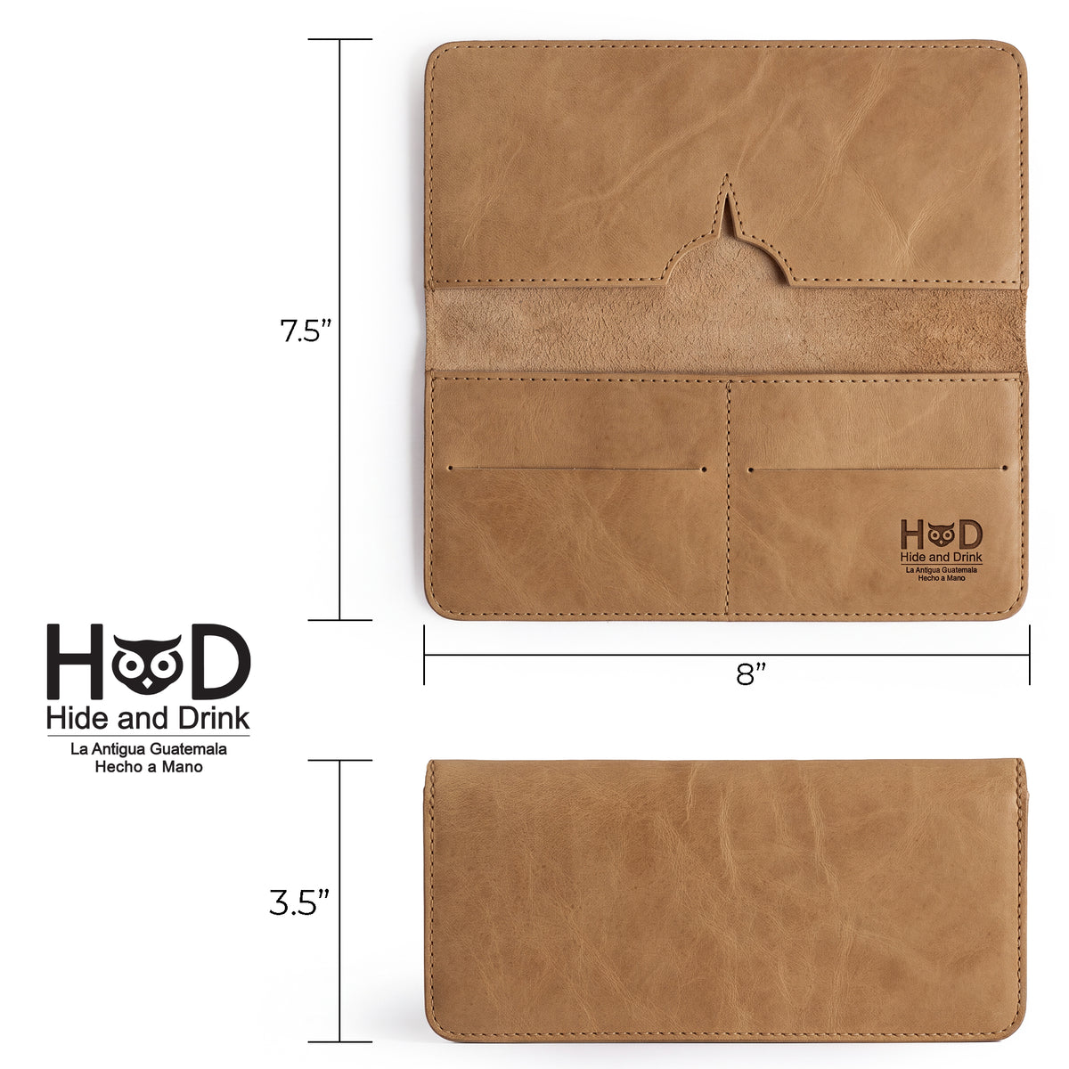 Closed vintage-style bifold wallet for cellphone by Hide & Drink, emphasizing its rustic leather exterior. This Bifold Wallet for Cellphone is made from high-quality Full Grain Leather, perfect for everyday use. Appreciate the artisan craftsmanship from small batch production in La Antigua Guatemala & Oaxaca Mexico.