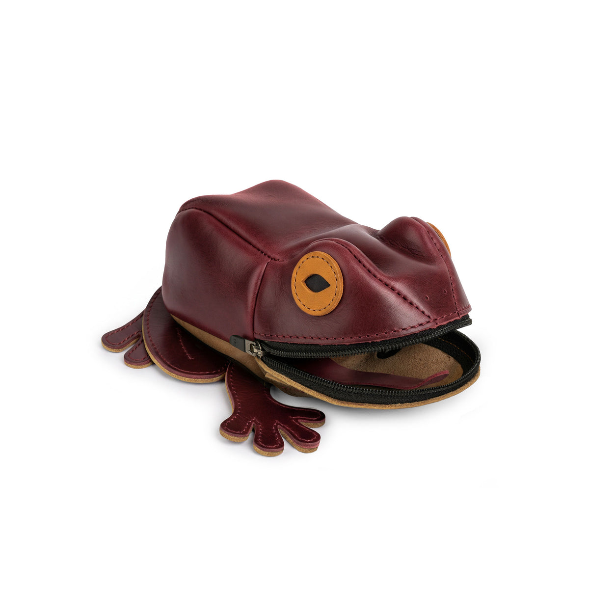 Tudi Frudi Frog Pouch shown from an angled side view with its zipper open, revealing the Full Grain Leather interior. The Frog-Shaped Pouch functions as a Cable Organizer, Small Accessory Case, Zippered Cash Holder Wallet for Coins, and Change Purse, suitable as Pouches for Men and Women. Made with StockyardX Small Batch Production, Hand Cut, Hand Sewn, Fire Branded, Artisan craftsmanship, Handmade in La Antigua Guatemala & Oaxaca Mexico.