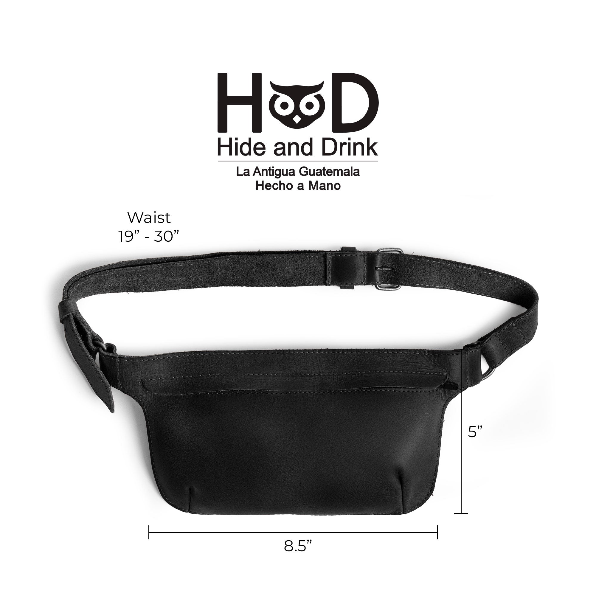 Slim Fanny Pack by Hide & Drink with dimensions displayed, highlighting its compact rectangular shape and versatility as an accessory. Handcrafted from full grain leather, it's an artisan product born from small batch production in Oaxaca Mexico.