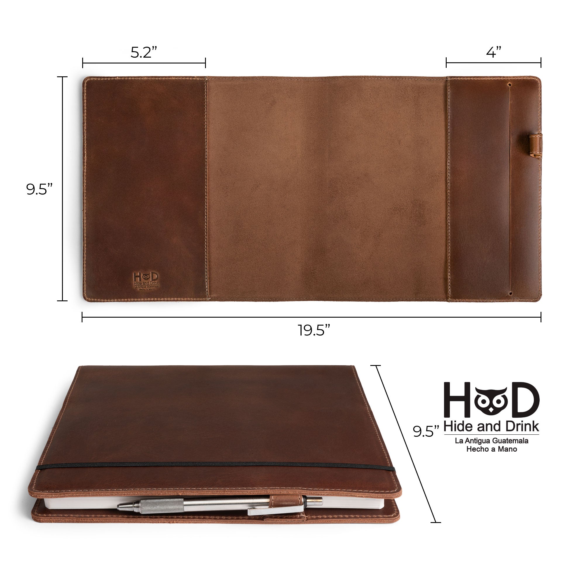 Measuring dimensions of the Cover for Leuchtturm1917 Sketchbook Hardcover Square Size (225 x 225 mm) by Hide & Drink, this image illustrates the practical design of this full grain leather notebook case, emphasizing small batch production and artisan quality through hand cut and hand sewn craftsmanship, fire branded in La Antigua Guatemala & Oaxaca Mexico.