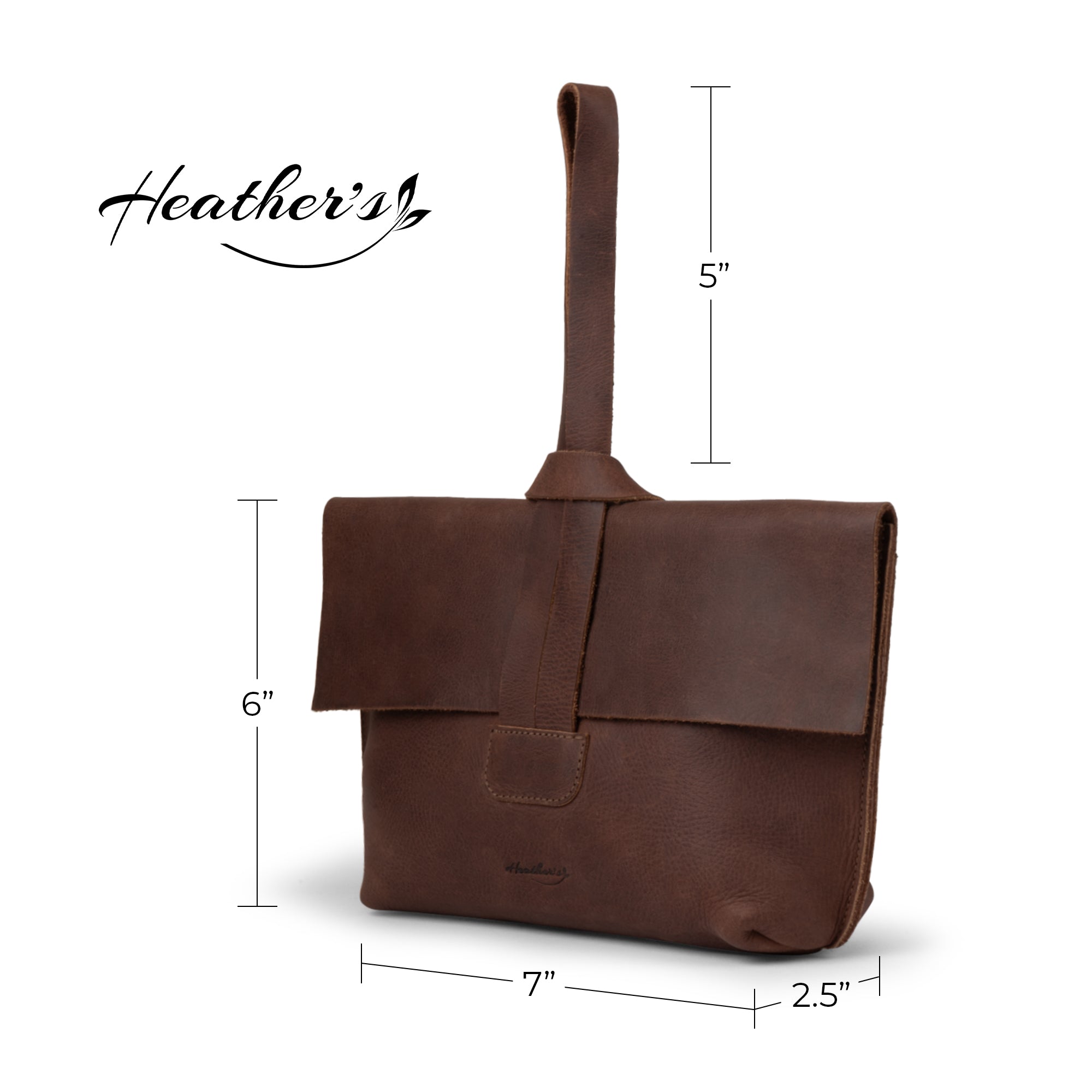Dimensions of the Women's Clutch Bag by Heather's displayed for shopping convenience. This handcrafted item, made from Full Grain Leather, embodies quality artisan production for cosmetics, toiletries, and everyday essentials.