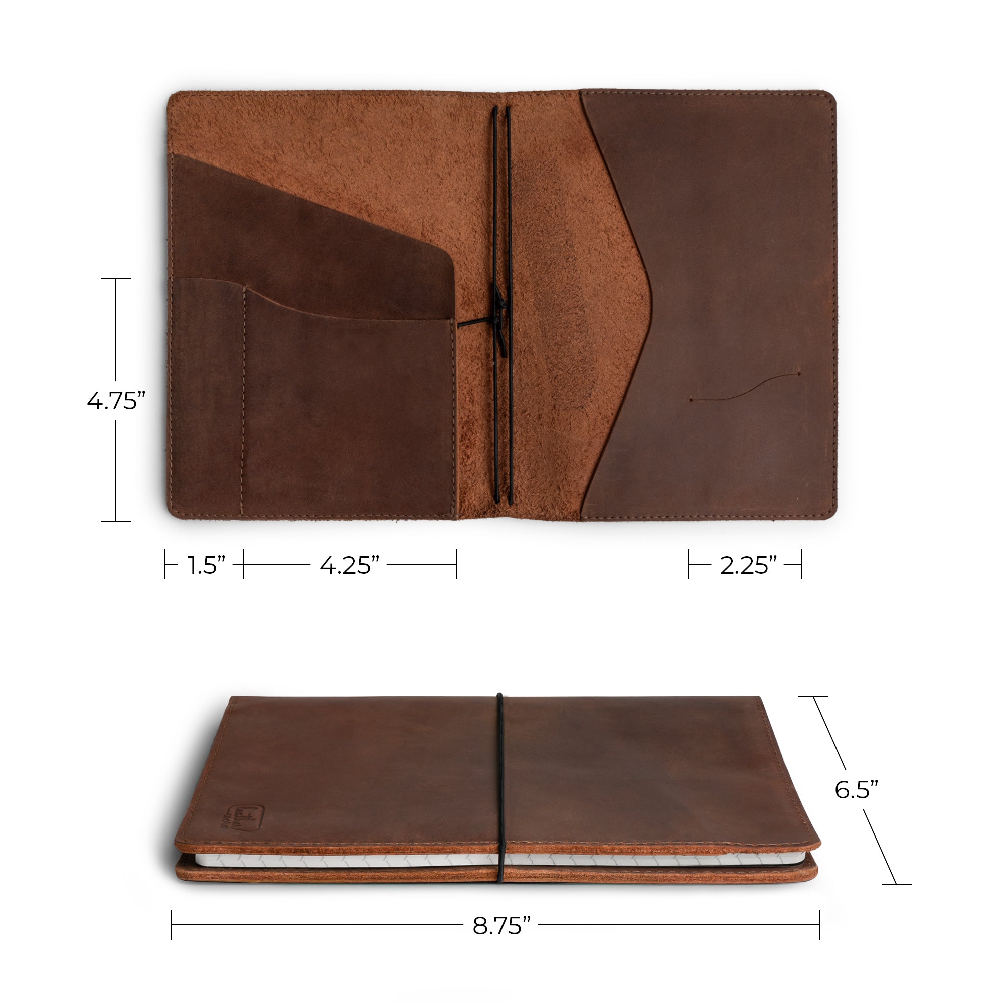 Rustic Cover for A5 Notebooks (5.75 x 8.25 in.) by Leather Worx, highlighting the dimensions and features of the refillable cover with pockets. Made from full grain leather through small batch production, embodying artisan craftsmanship from La Antigua Guatemala & Oaxaca Mexico.
