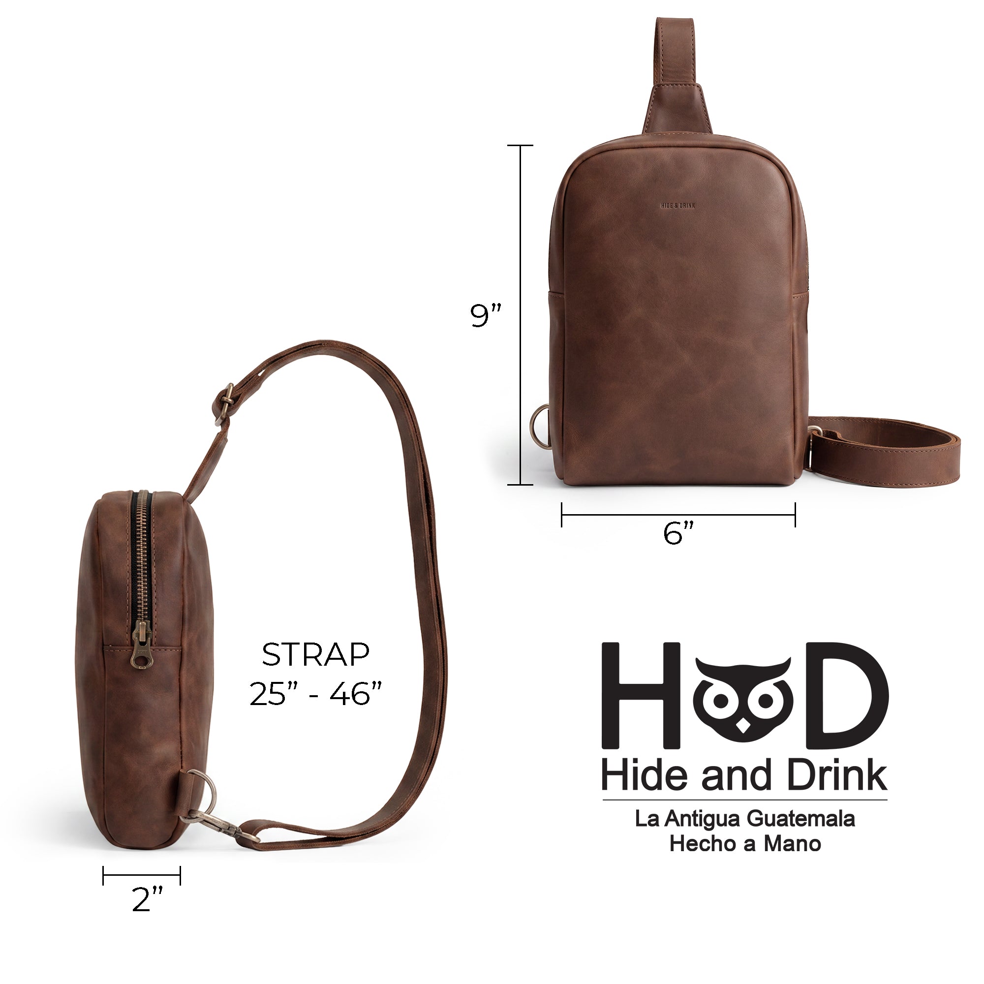 Dimensions of the Hide & Drink Crossbody Rounded Bag displayed, emphasizing its compact yet spacious design. This Rounded Crossbody Bag with Adjustable Strap, made from high-quality Full Grain Leather, is a favorite amongst travelers, reflecting artisan craftsmanship from La Antigua Guatemala & Oaxaca Mexico.