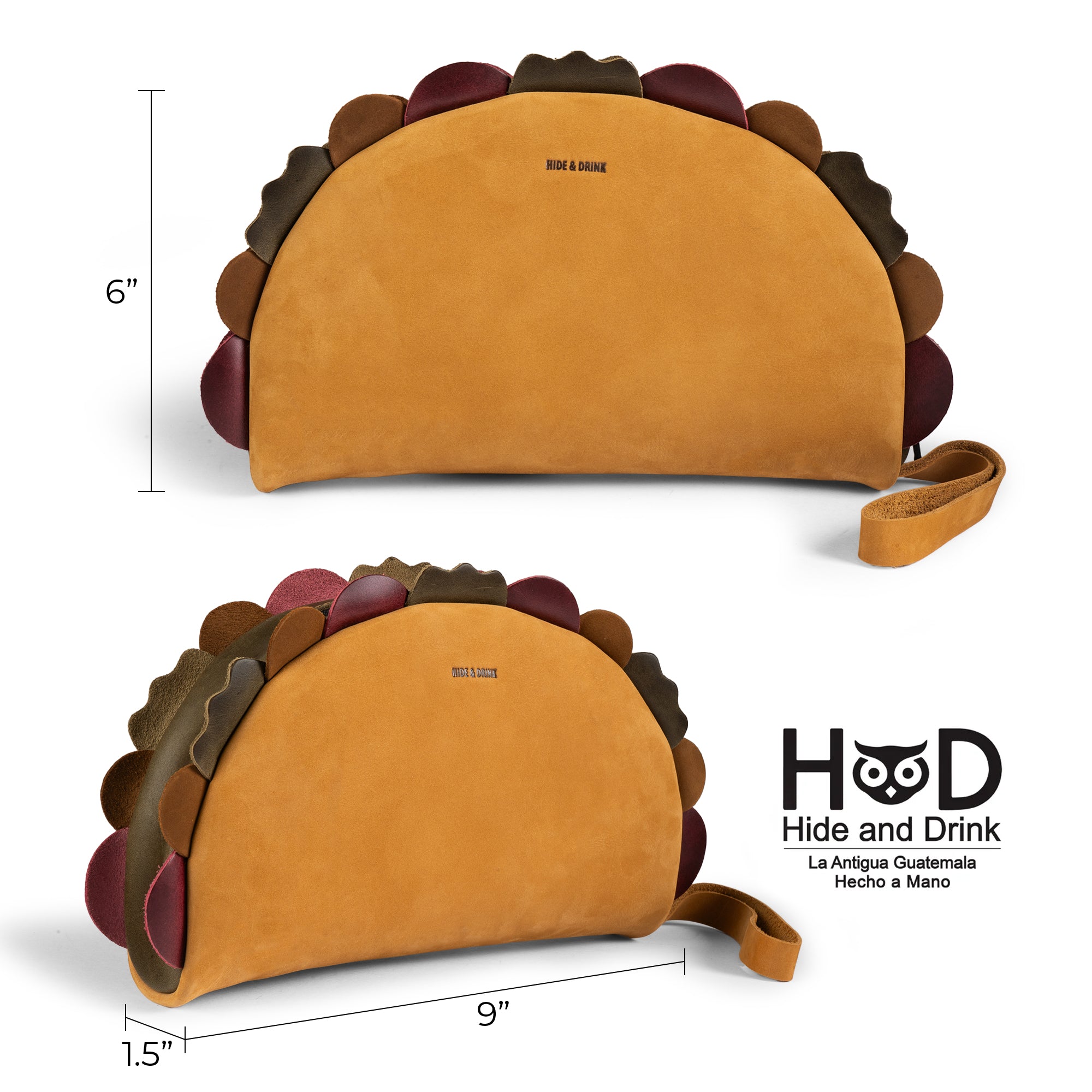 Hide & Drink Taco Clutch Bag product image showing 9-inch width, 6-inch height, and 1.5-inch depth; Taco Clutch Bag Full Grain Leather by StockyardX with Small Batch Production, Hand Cut, Hand Sewn, Fire Branded Artisan craftsmanship, Handmade in La Antigua Guatemala & Oaxaca Mexico.