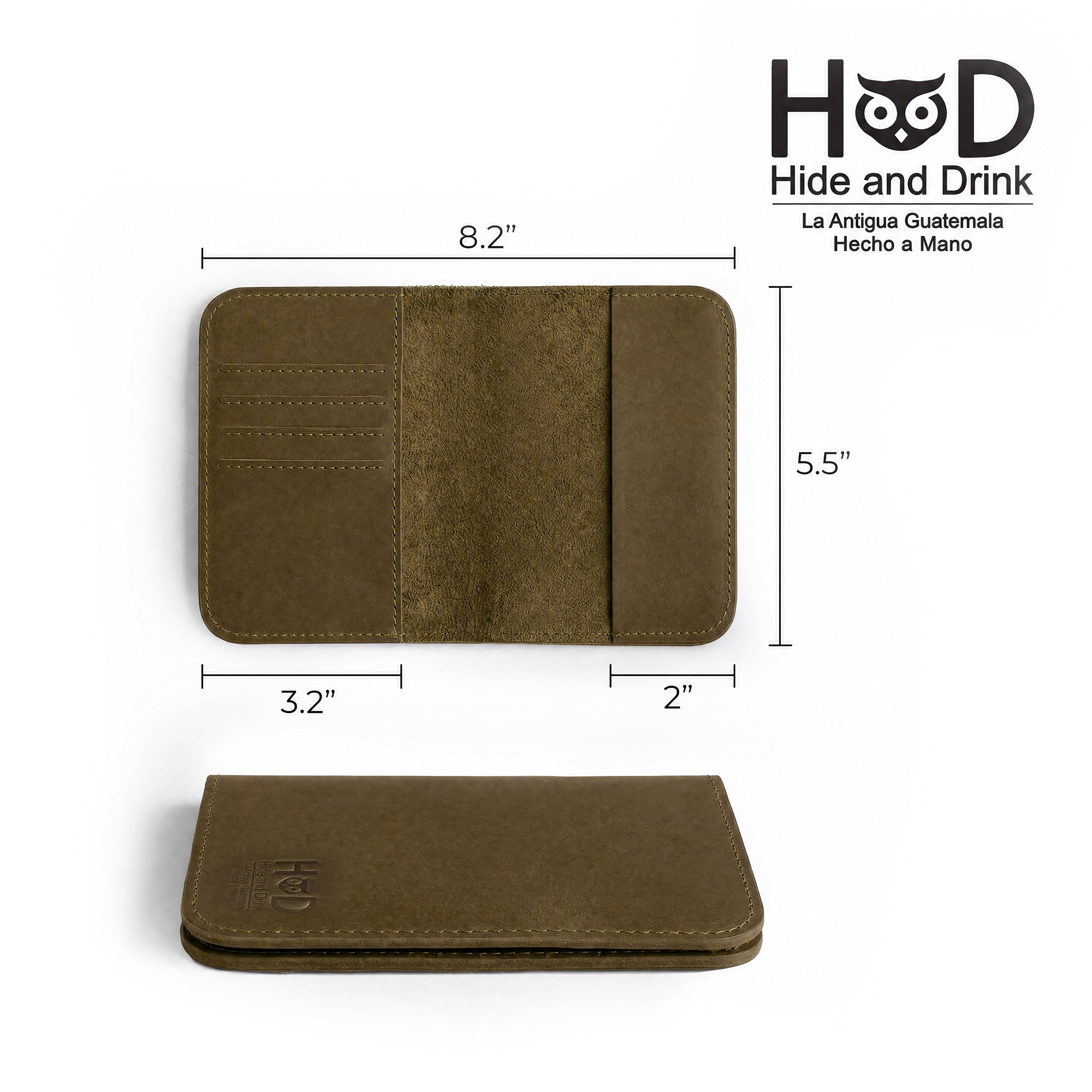 Inside view of the Hide & Drink Travel Wallet with card slots prominently displayed. This high-quality travel wallet serves as a bifold passport case, handmade in La Antigua Guatemala.
