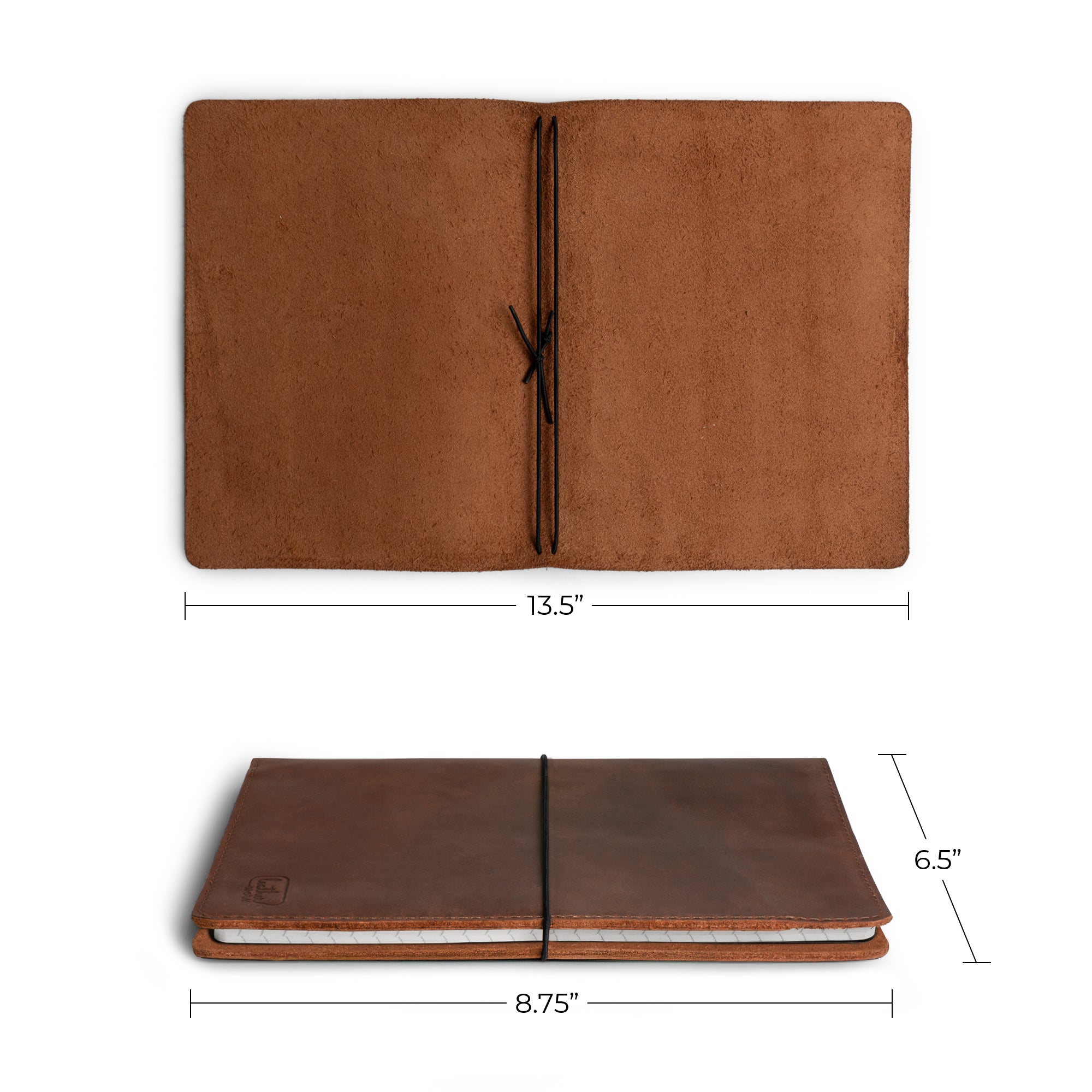 Rustic cover for A5 notebooks (5.75 x 8.25 in.) by Leather Worx with dimensions highlighted, featuring extra elastics for secure organization, made from full grain leather, showcasing StockyardX's small batch production, hand cut, hand sewn, fire branded, artisan quality, handmade in La Antigua Guatemala & Oaxaca Mexico.