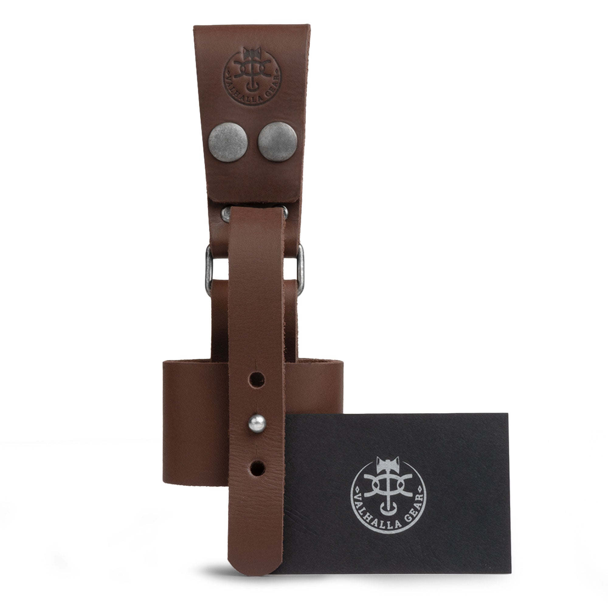 Valhalla Gear Axe Holder with Belt Loop shown with a product card, emphasizing its quality as a handmade accessory. This artisan piece, made from durable full grain leather, serves as a fantastic waist holder for axes and hip holster for tools.