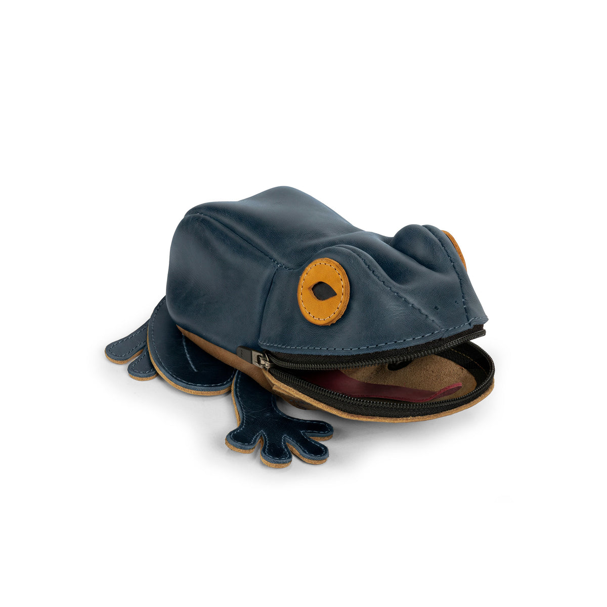 Angled view of the open Tudi Frudi Frog Pouch highlighting its frog face, legs, and zipper, a Frog-Shaped Pouch designed as a Cable Organizer, Small Accessory Case, Zippered Cash Holder Wallet for Coins, or Change Purse. This Full Grain Leather accessory for Pouches for Men and Women comes from StockyardX Small Batch Production and is Hand Cut and Hand Sewn by Artisan makers, Handmade in La Antigua Guatemala & Oaxaca Mexico, with a Fire Branded finish.