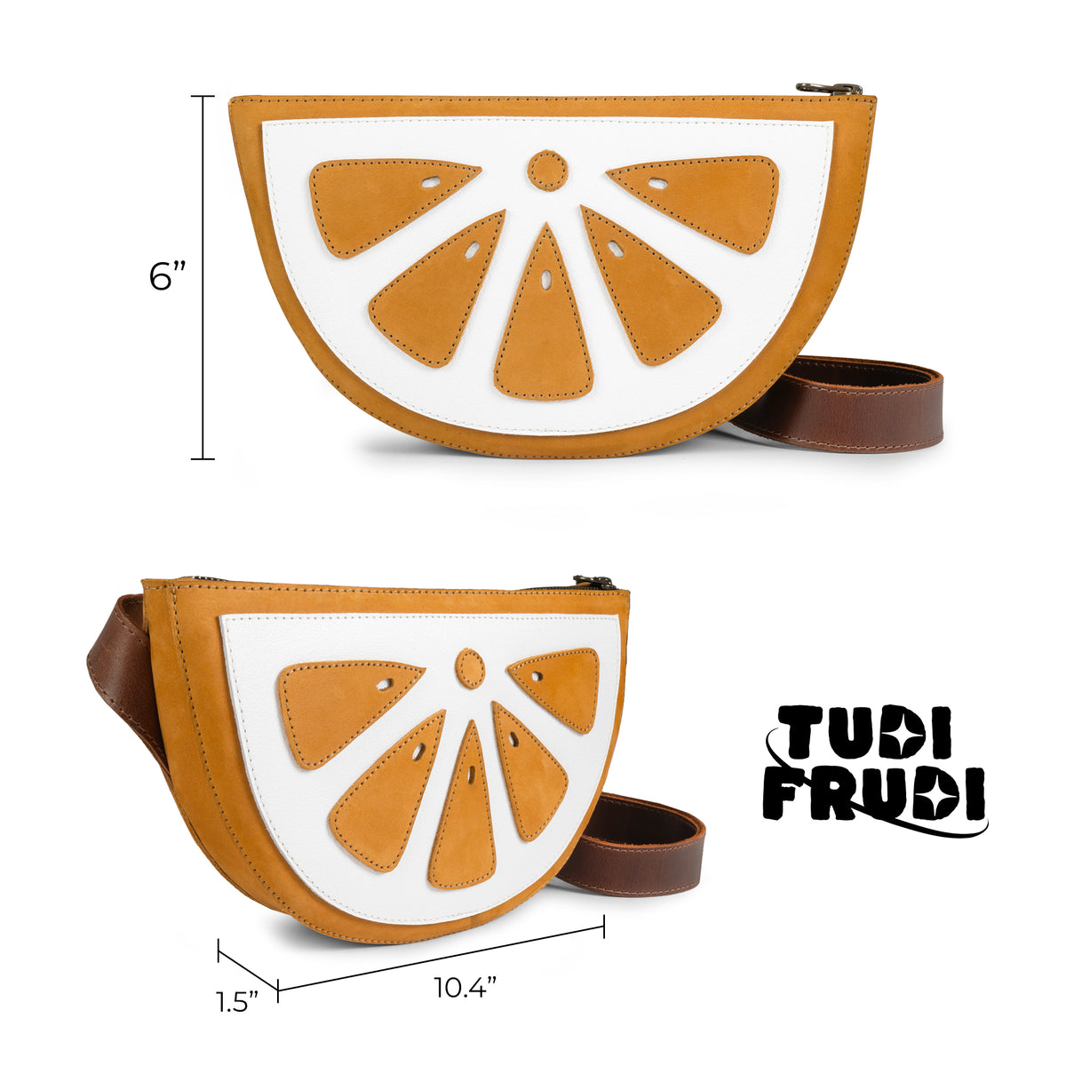 Tudi Frudi Lemon Crossbody Bag shown with adjustable strap and size measurements, a Full Grain Leather Shoulder Bag made for StockyardX through Small Batch Production, Hand Cut, Hand Sewn, Fire Branded, Artisan craftsmanship, Handmade in La Antigua Guatemala & Oaxaca Mexico.