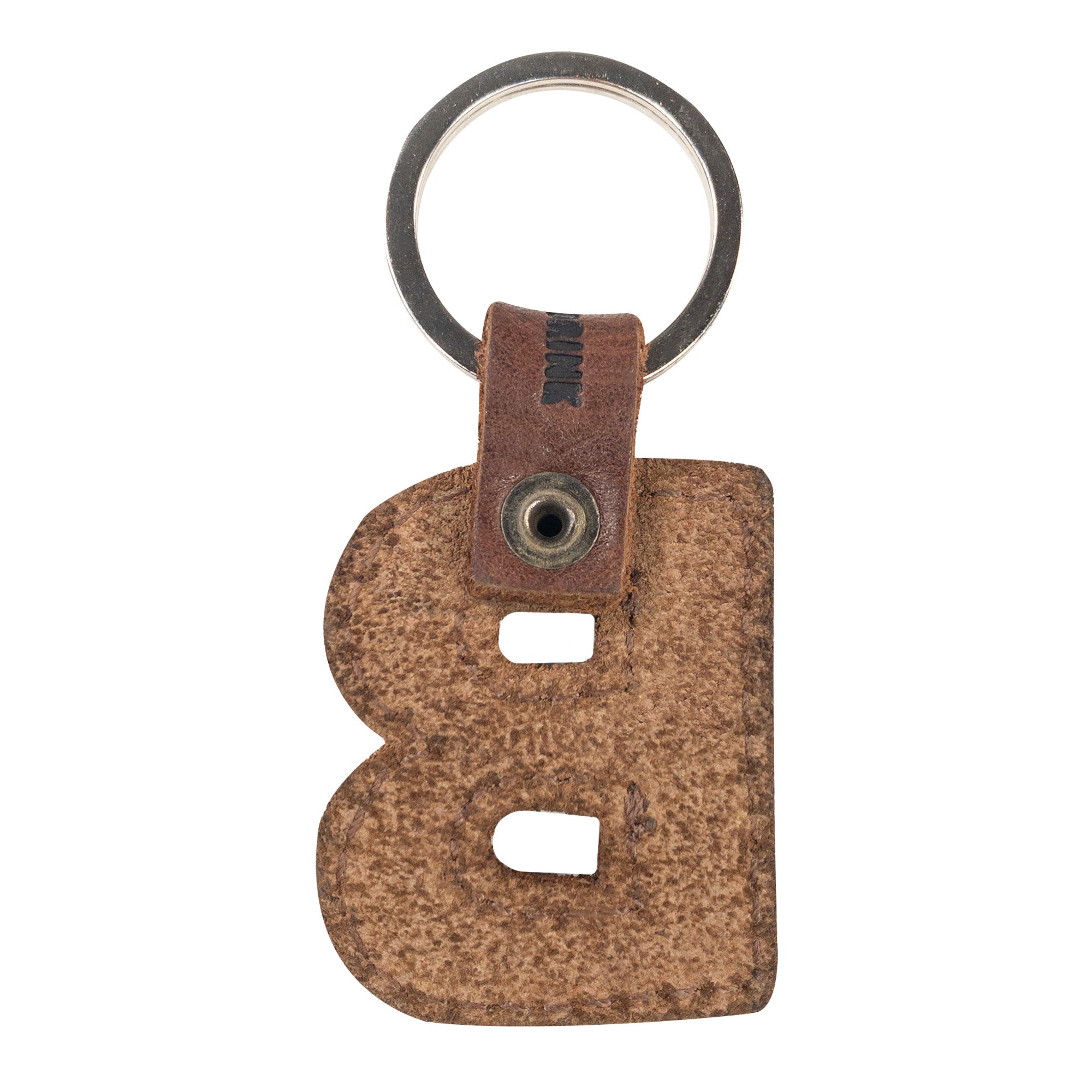 Unique 'B' Alphabet Letter Keychain by Hide & Drink in thick leather, adding character to your keys. Handmade in La Antigua Guatemala with care and craftsmanship.