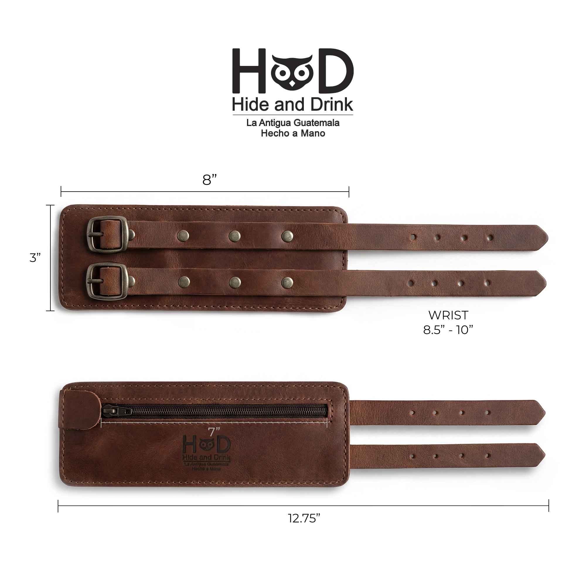 An overview of Hide & Drink's Wrist-Wallet-Cuff made from durable Full Grain Leather. This rustic leather bracelet includes a hidden pouch for bills and an inner zippered pouch, merging style with everyday functionality. Each artisan piece is handmade in La Antigua Guatemala & Oaxaca Mexico.