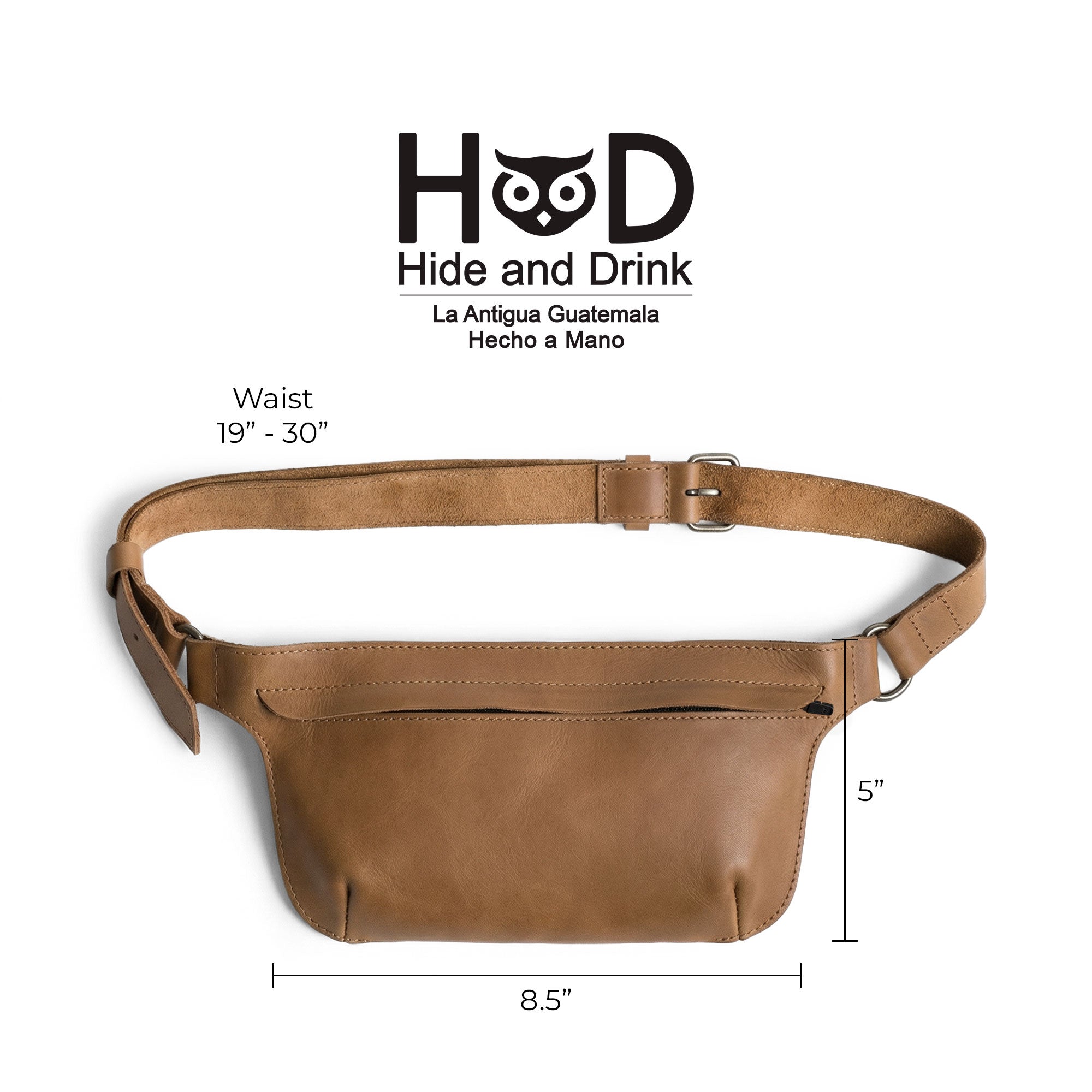 Slim Fanny Pack by Hide & Drink in a closed position, highlighting its elegant design. This rectangular, artisan-made fanny pack is crafted from premium full grain leather for enhanced durability.