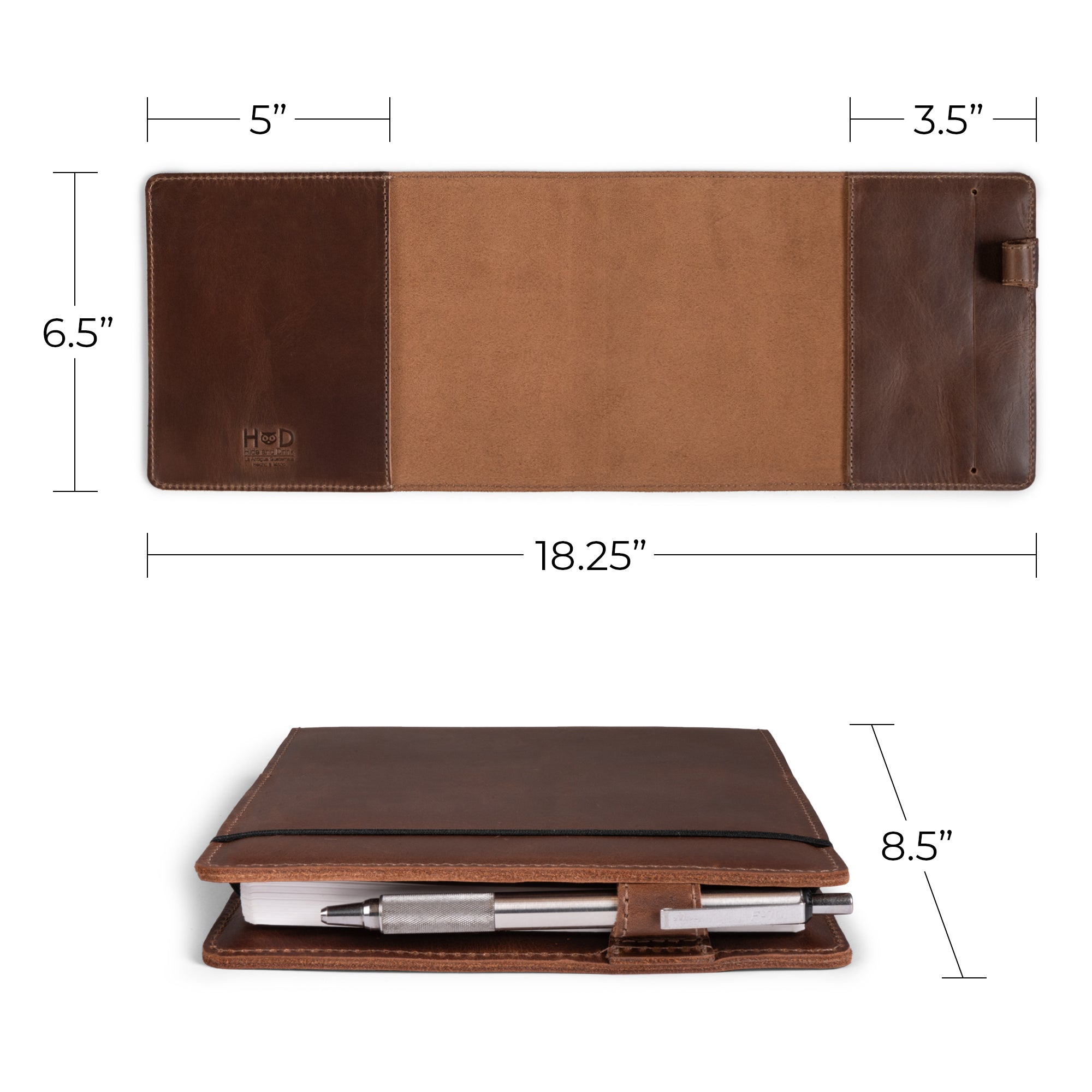 Dimensions of the Cover for Leuchtturm1917 Sketchbook Hardcover A5 Medium Size (145 x 210 mm) from Hide & Drink are highlighted, showcasing its design for practicality. This Full Grain Leather Notebook Sleeve ensures a stylish, durable option grounded in artisan small batch production, emphasizing fire branded detailing.