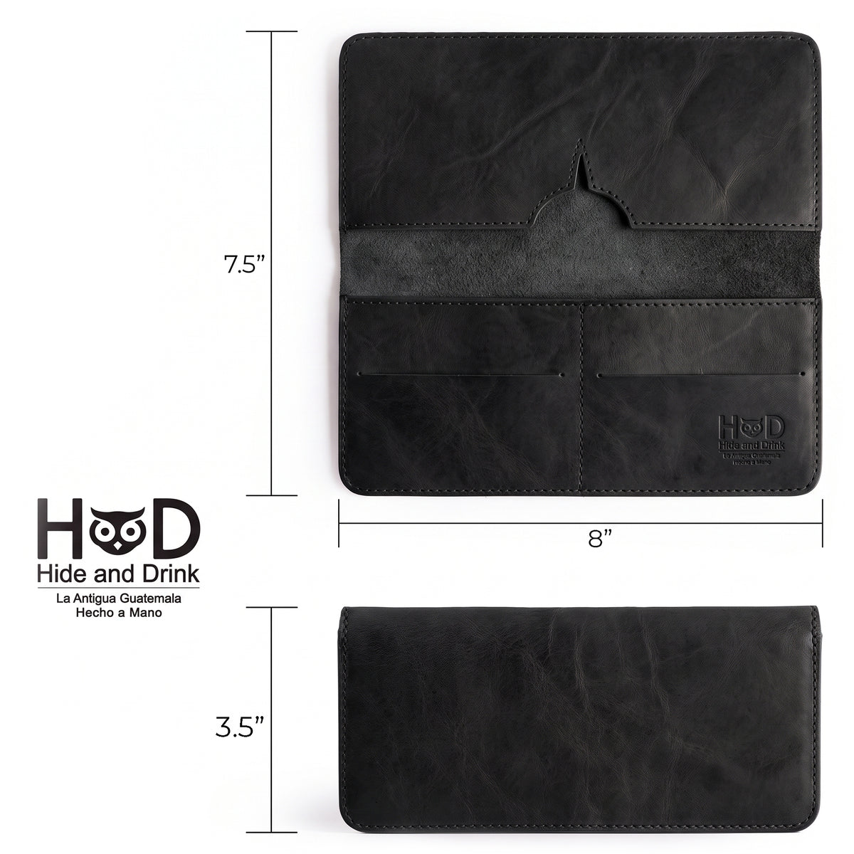 Open view of the black bifold wallet for cellphone by Hide & Drink, with details on card and cash organization. This smartly designed Bifold Wallet for Cellphone is made of Full Grain Leather, perfect for daily use. Discover the quality craftsmanship achieved through small batch production in La Antigua Guatemala & Oaxaca Mexico.