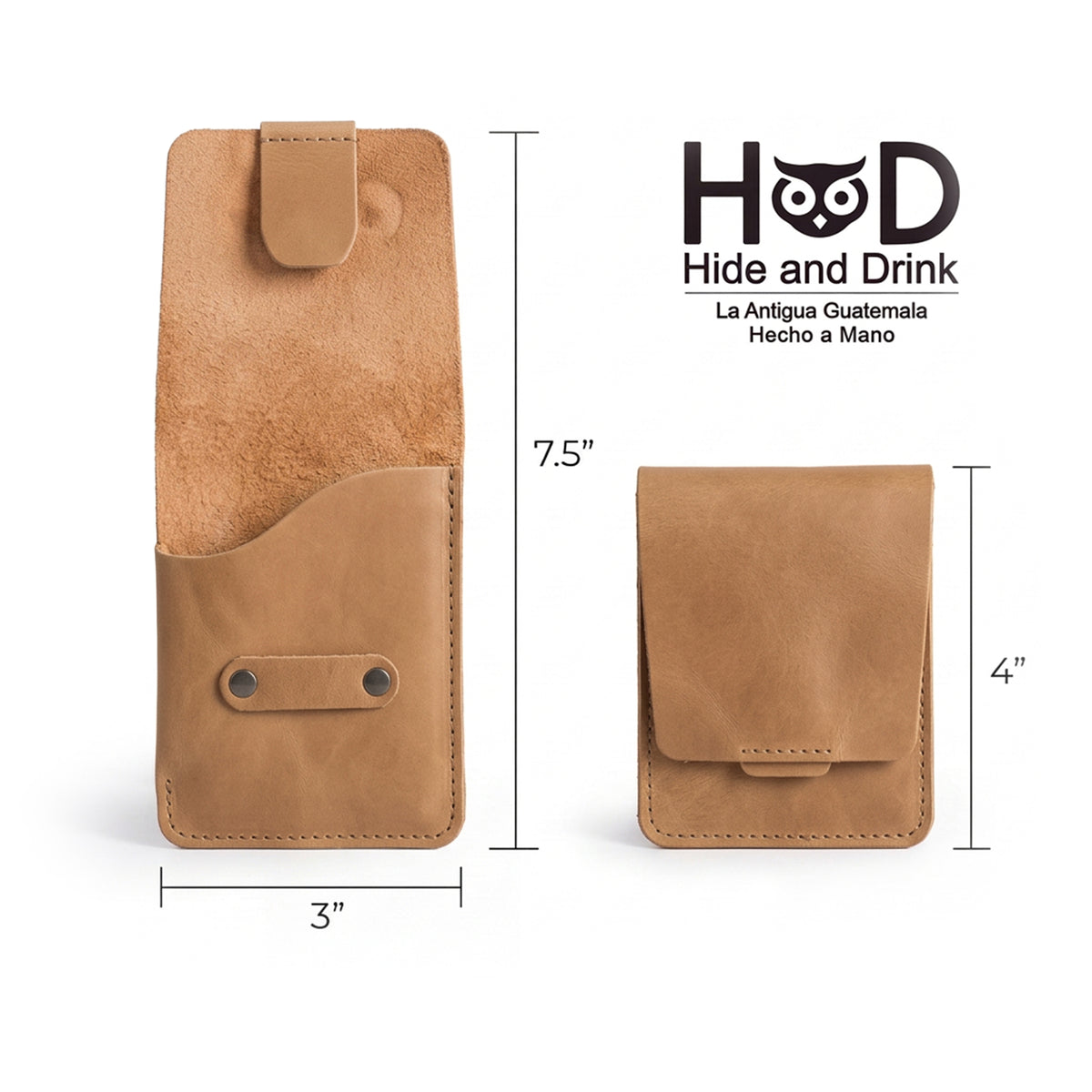 Hide & Drink Slim Card Holder dimensions showcased, perfect for a sleek, minimal carry option. Handmade from full grain leather, designed to hold up to 4 cards and folded bills, this wallet is crafted with care in La Antigua Guatemala.