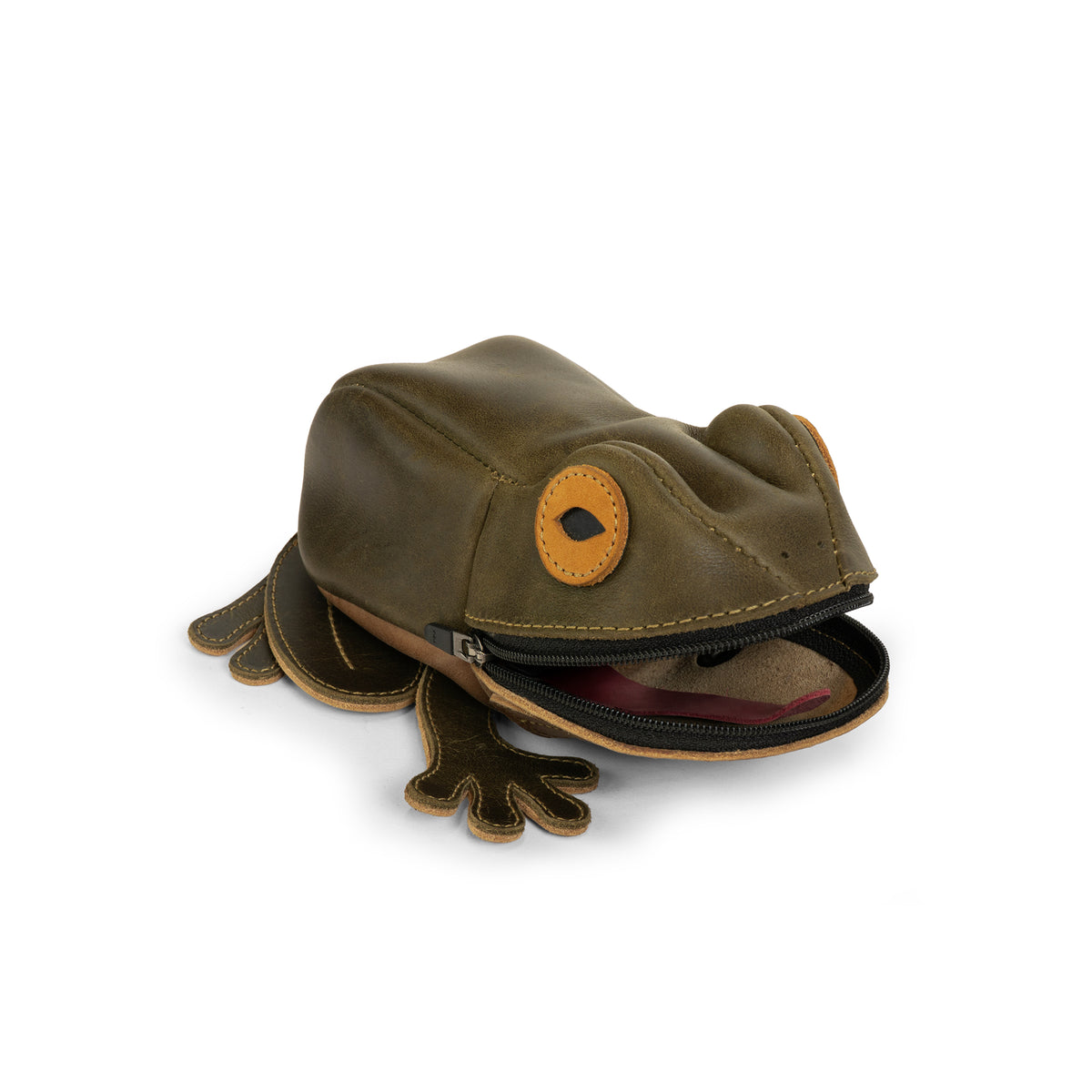 Another angle of Tudi Frudi's Frog Pouch, illustrating its adorable frog design and full grain leather finish. This zippered cash holder wallet for coins serves as a change purse and small accessory case, handcrafted in small batches in La Antigua Guatemala & Oaxaca Mexico.