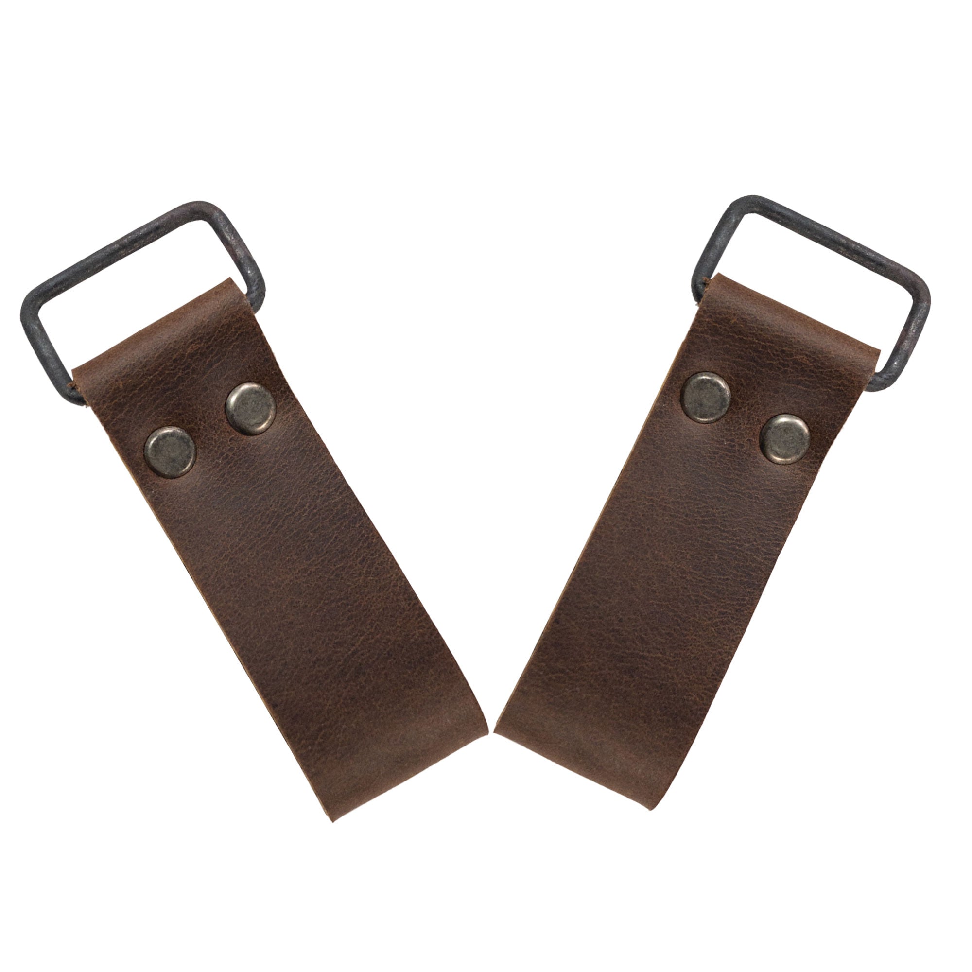 Set of 2 Riveted Suspender Loop Attachments by Hide & Groom featuring two sturdy, full grain leather straps perfect for men. This set is ideal as wedding accessories and highlights heavy-duty craftsmanship. Enjoy the unique artisan quality of these handmade pieces, suitable for any occasion, sourced from La Antigua Guatemala & Oaxaca Mexico.