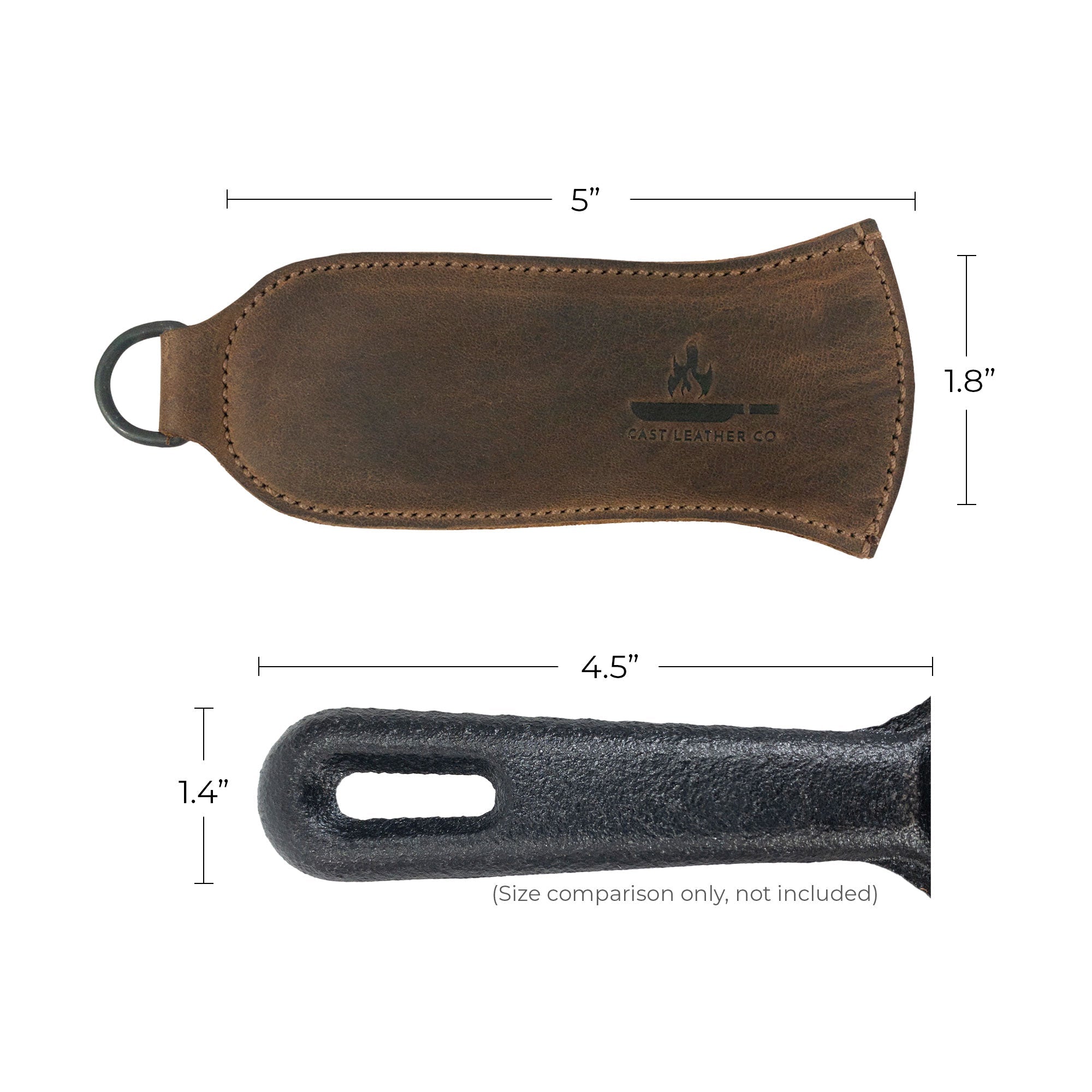 Hanging Pan Handle Cover by Cast Leather Co. displaying a size comparison, illustrating the practicality of this Hot Handle Panhandle with Half Ring. Made of full grain leather, it simplifies sliding cookware on/off metal skillet grips, demonstrating the unique artisan process created in La Antigua Guatemala & Oaxaca Mexico.