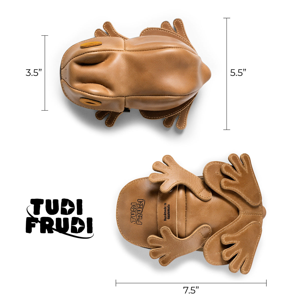 Tudi Frudi Frog Pouch measurement image showing the compact 7.5-inch length, 5.5-inch height, and 3.5-inch width, featuring a Frog-Shaped Pouch design for use as a Cable Organizer, Small Accessory Case, Zippered Cash Holder Wallet for Coins, and Change Purse for Pouches for Men and Women; Full Grain Leather StockyardX product made with Small Batch Production, Hand Cut, Hand Sewn, Fire Branded, Artisan, Handmade in La Antigua Guatemala & Oaxaca Mexico.