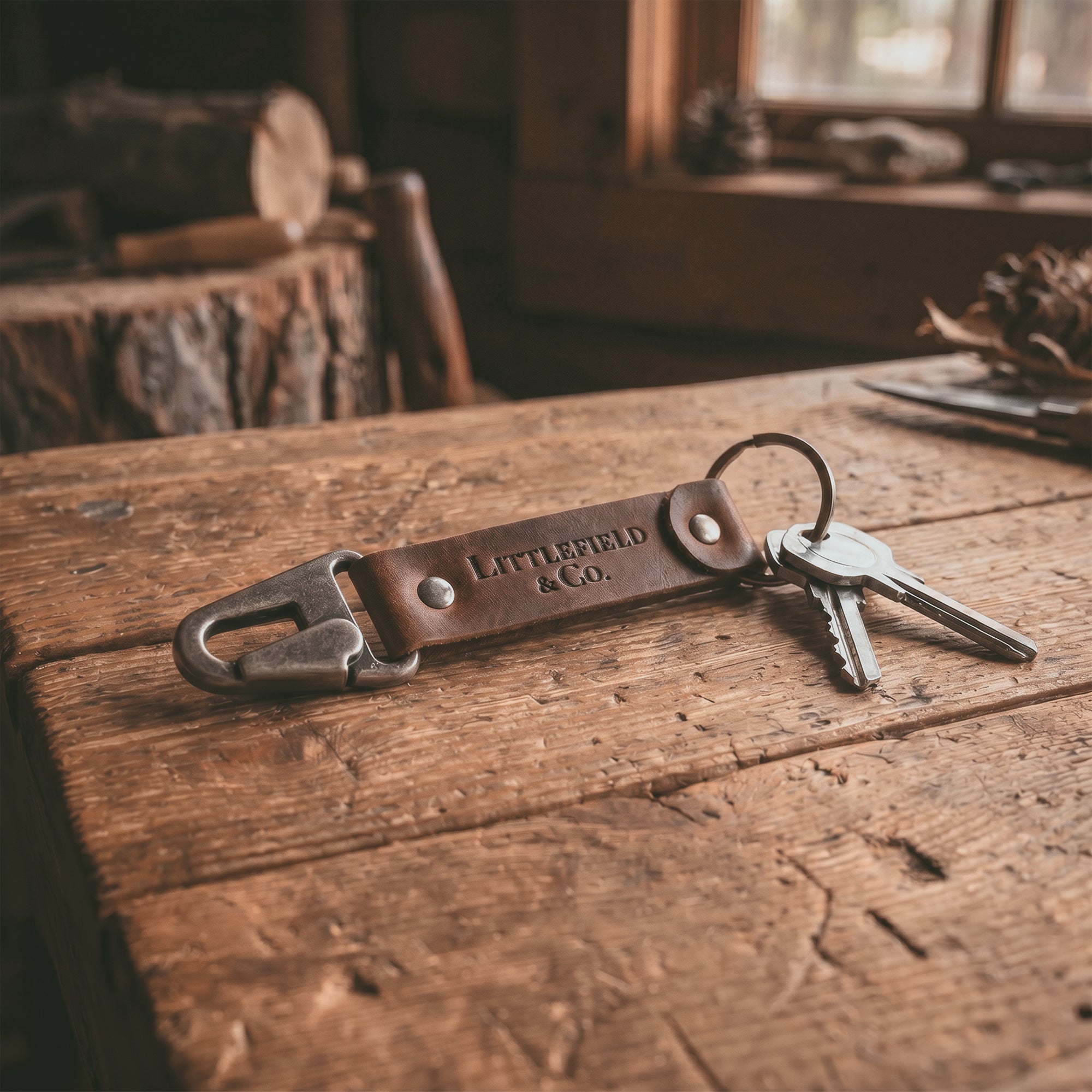 The Vintage Adventure Keychain by Littlefield Chicago is placed on a wooden table, showcasing its rustic charm. This keychain with clasp and strap with ring is a fashionable rectangular key chain for men, perfect as a travel accessory or small key organizer. Made from full grain leather, it supports the ethos of stockyardX with its meticulous small batch production, hand cut and hand sewn procedures, and fire branded craftsmanship, artisan-made in La Antigua Guatemala & Oaxaca Mexico.