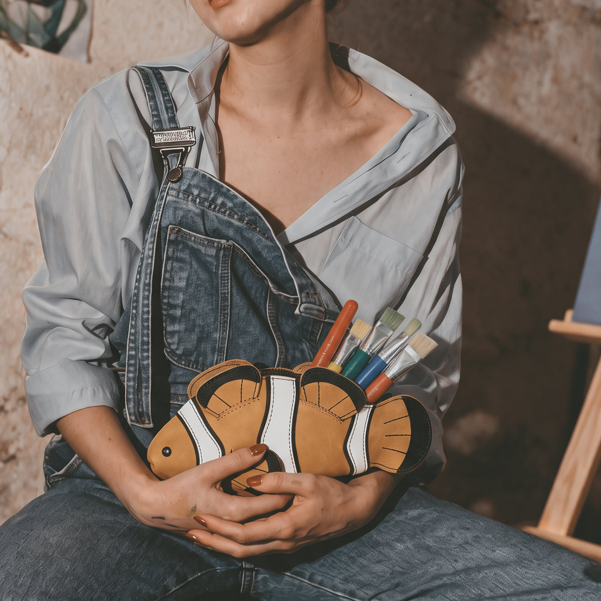 Person holding the Tudi Frudi Leather Clownfish Pouch filled with art brushes, showing a practical Leather Clownfish Pencil Pouch and Small Pen Organizer that also works as a Zippered Holder Wallet for Coins, Change Purse, Money Pouches for Men and Women, Saving Box, Cable Holder, Full Grain Leather, StockyardX, Small Batch Production, Hand Cut, Hand Sewn, Fire Branded, Artisan, Handmade in La Antigua Guatemala & Oaxaca Mexico.