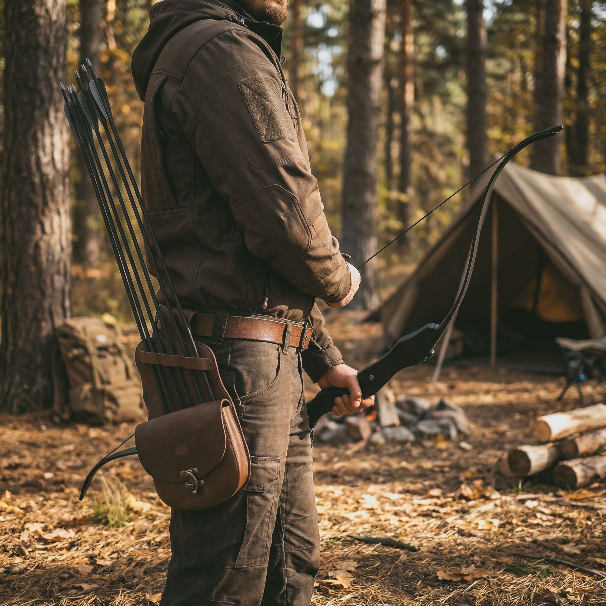 In an outdoor setting, the Norseman, Hip Quiver by Valhalla Gear is worn by an archer, demonstrating its practical use. The full grain leather construction and unique design make it a standout piece among hip archery quivers for arrows. Handmade in La Antigua Guatemala & Oaxaca Mexico, this quiver enhances your experience on hunting trips.