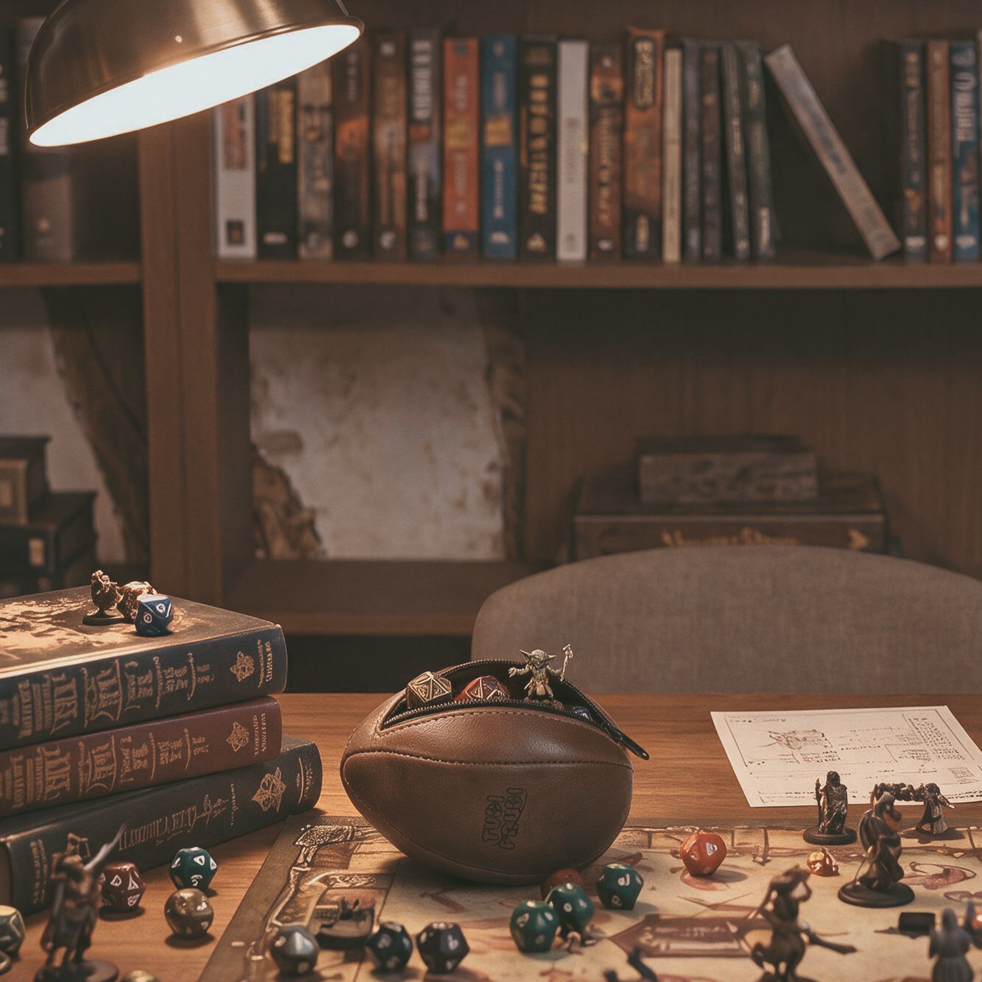 Tudi Frudi Dragon Egg Pouch displayed on a tabletop in a fantasy game room, featuring brown Full Grain Leather, StockyardX Small Batch Production, Hand Cut and Hand Sewn construction, Fire Branded detail, and Artisan quality Handmade in La Antigua Guatemala & Oaxaca Mexico.