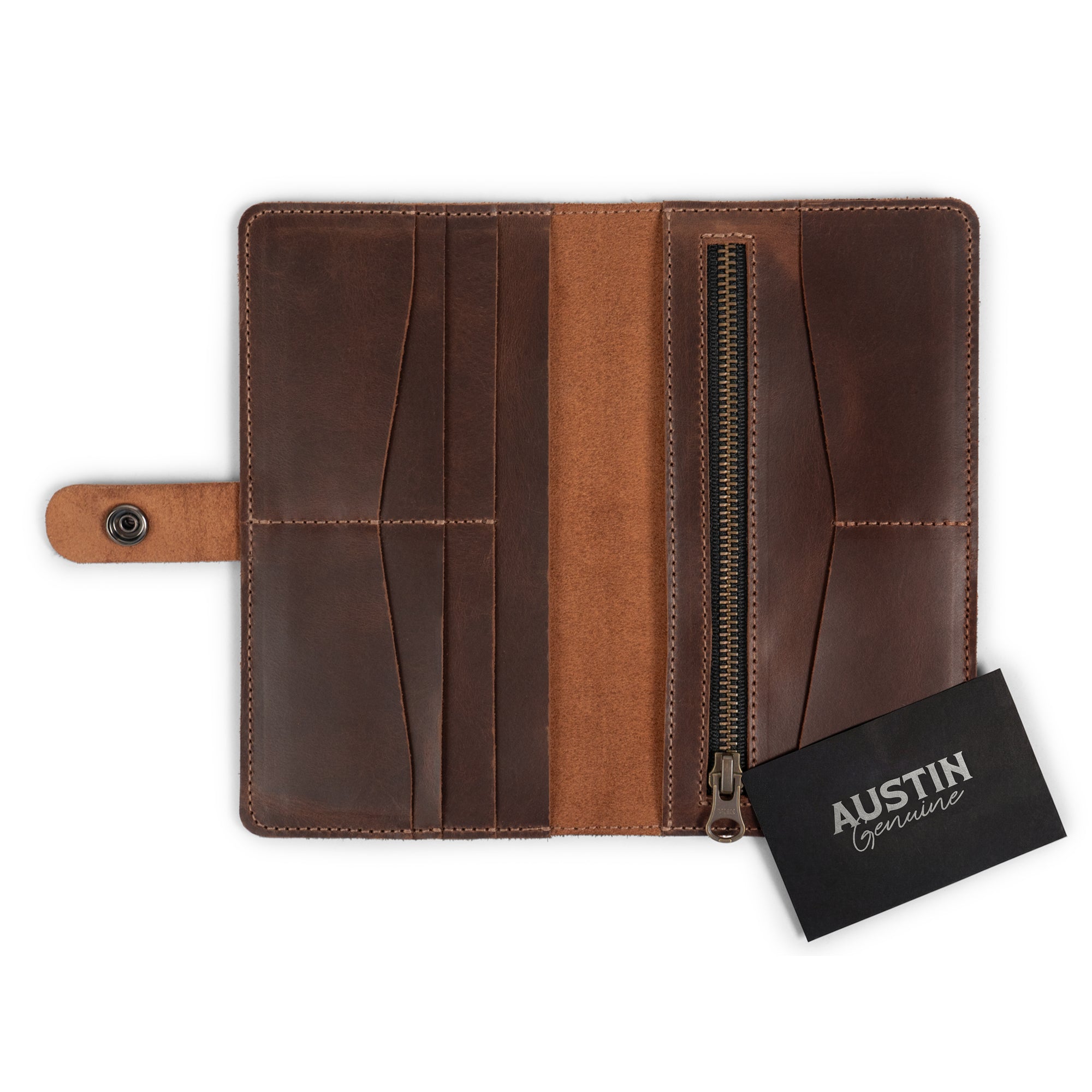 Open view of The Lamar Long Bifold Wallet by Austin Genuine displaying card compartments and a zipper pocket, emphasizing its high-quality construction. This wallet represents Austin’s bold passion, vibrant popular culture, and unmistakable Texas spirit, crafted from Full Grain Leather through StockyardX’s Small Batch Production, Hand Cut, Hand Sewn, Fire Branded, Artisan methods; proudly handmade in La Antigua Guatemala & Oaxaca Mexico.