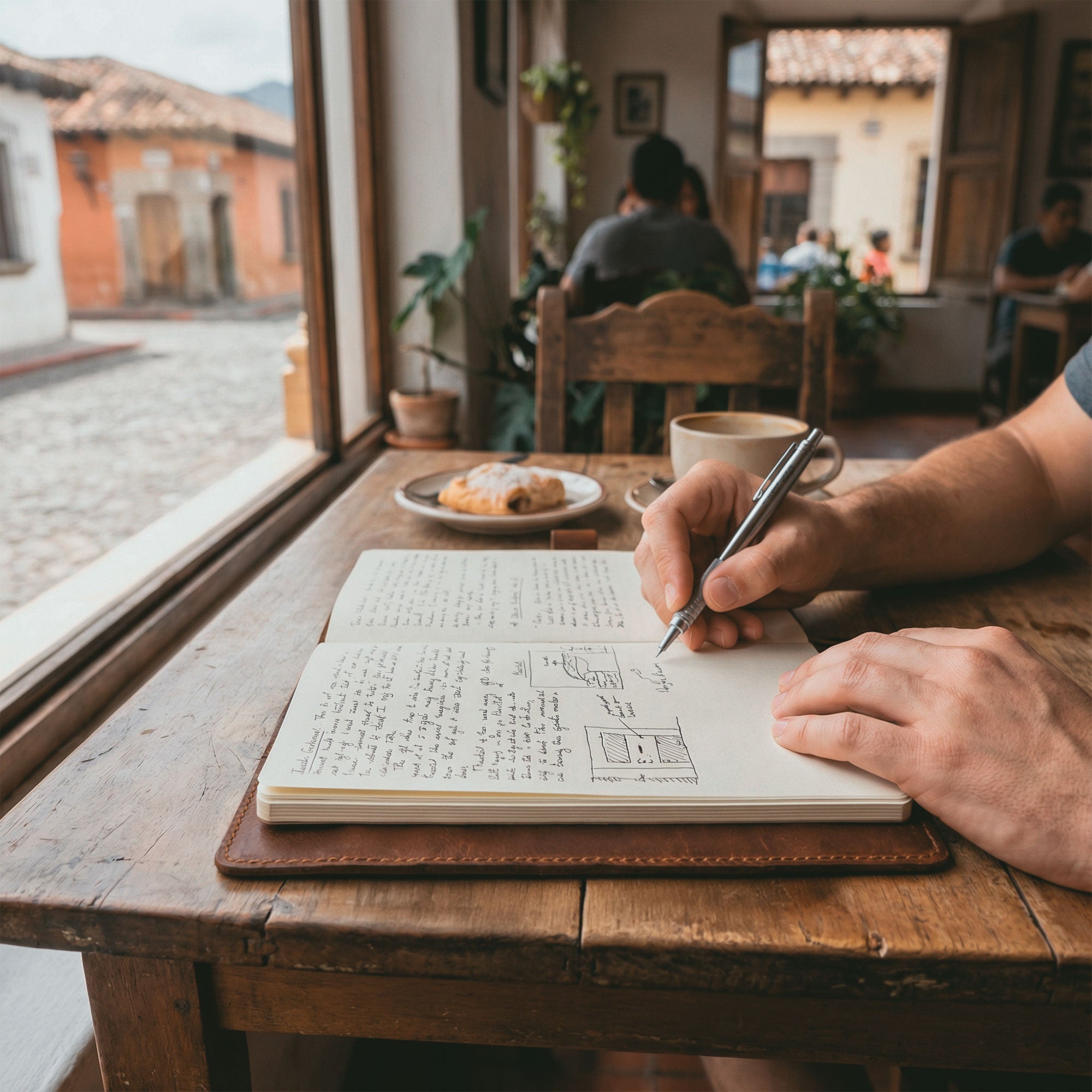 A person writing in a notebook inside the Cover for Leuchtturm1917 Sketchbook Hardcover Square Size (225 x 225 mm) by Hide & Drink, showcasing its use in a cozy café setting. This journal cover, made from full grain leather, highlights small batch production and is defined by hand cut, hand sewn techniques, featuring fire branded details, handmade in La Antigua Guatemala & Oaxaca Mexico.