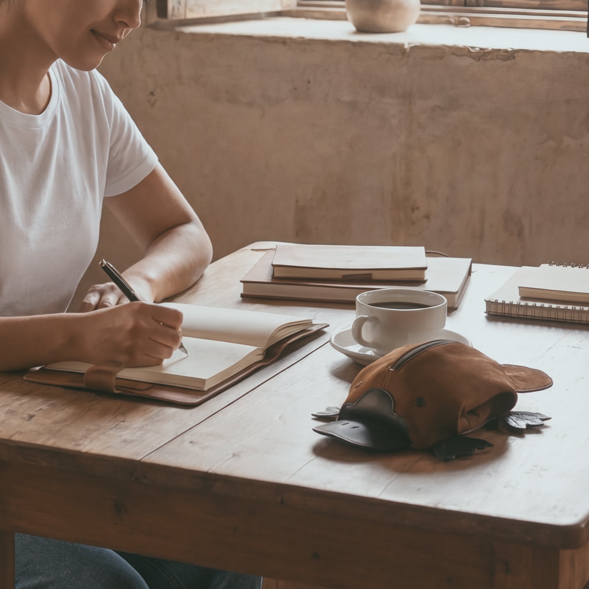 A person writing at a table with the Tudi Frudi Leather Platypus Pouch nearby, perfect for organizing stationery or art supplies. This pouch serves as a small coin organizer and zippered cash holder wallet for coins, showcasing its versatility as a change purse. Made from full grain leather, it represents artisan craftsmanship through small batch production and hand cut, hand sewn techniques, lovingly crafted in La Antigua Guatemala & Oaxaca Mexico.