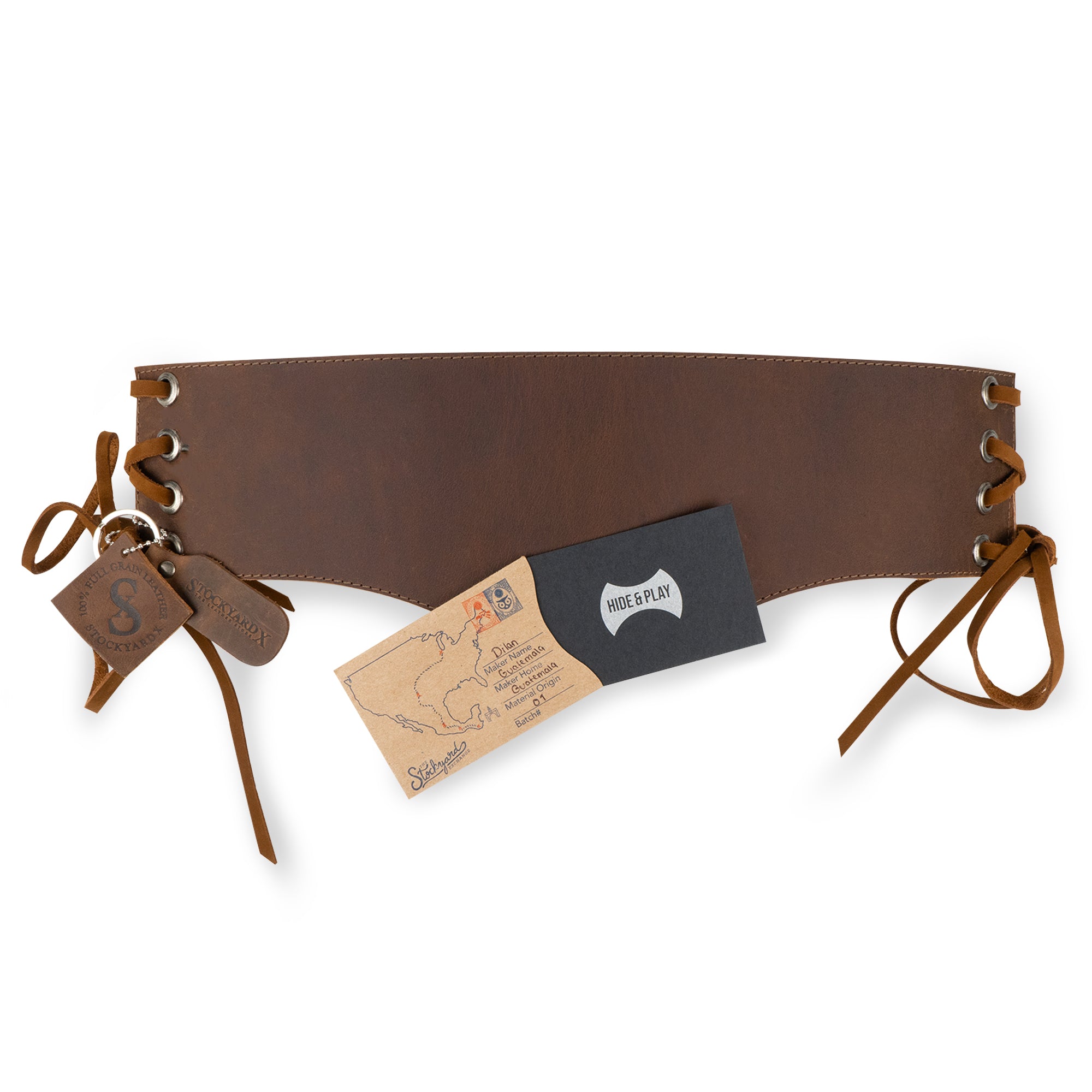 The Lace-up Corset Waist Belt for Women from Hide & Play displayed alongside its packaging and artisan details. Made from full grain leather, this vintage cinch belt is crafted with care through small batch production, hand cut and sewn by skilled artisans. Handmade in La Antigua Guatemala & Oaxaca Mexico.