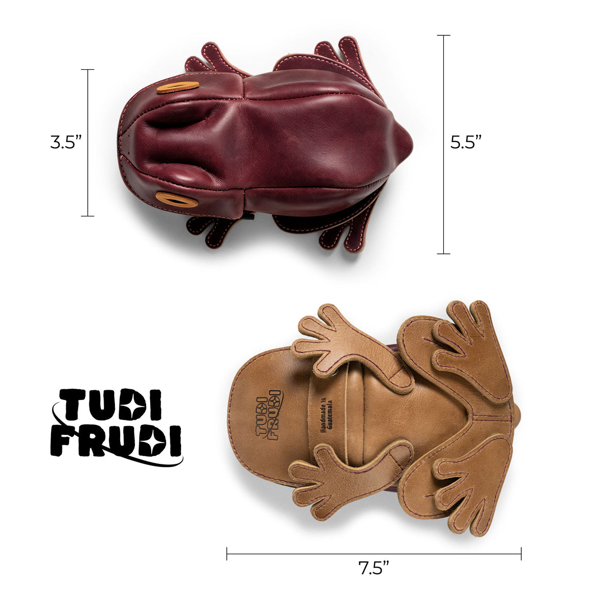 Tudi Frudi Frog Pouch displayed front and back with dimension measurements, showing its 7.5-inch length and 5.5-inch height. This Frog-Shaped Pouch is a Full Grain Leather Cable Organizer, Small Accessory Case, Zippered Cash Holder Wallet for Coins, and Change Purse for Pouches for Men and Women. StockyardX Small Batch Production, Hand Cut, Hand Sewn, Fire Branded, Artisan craftsmanship, Handmade in La Antigua Guatemala & Oaxaca Mexico.