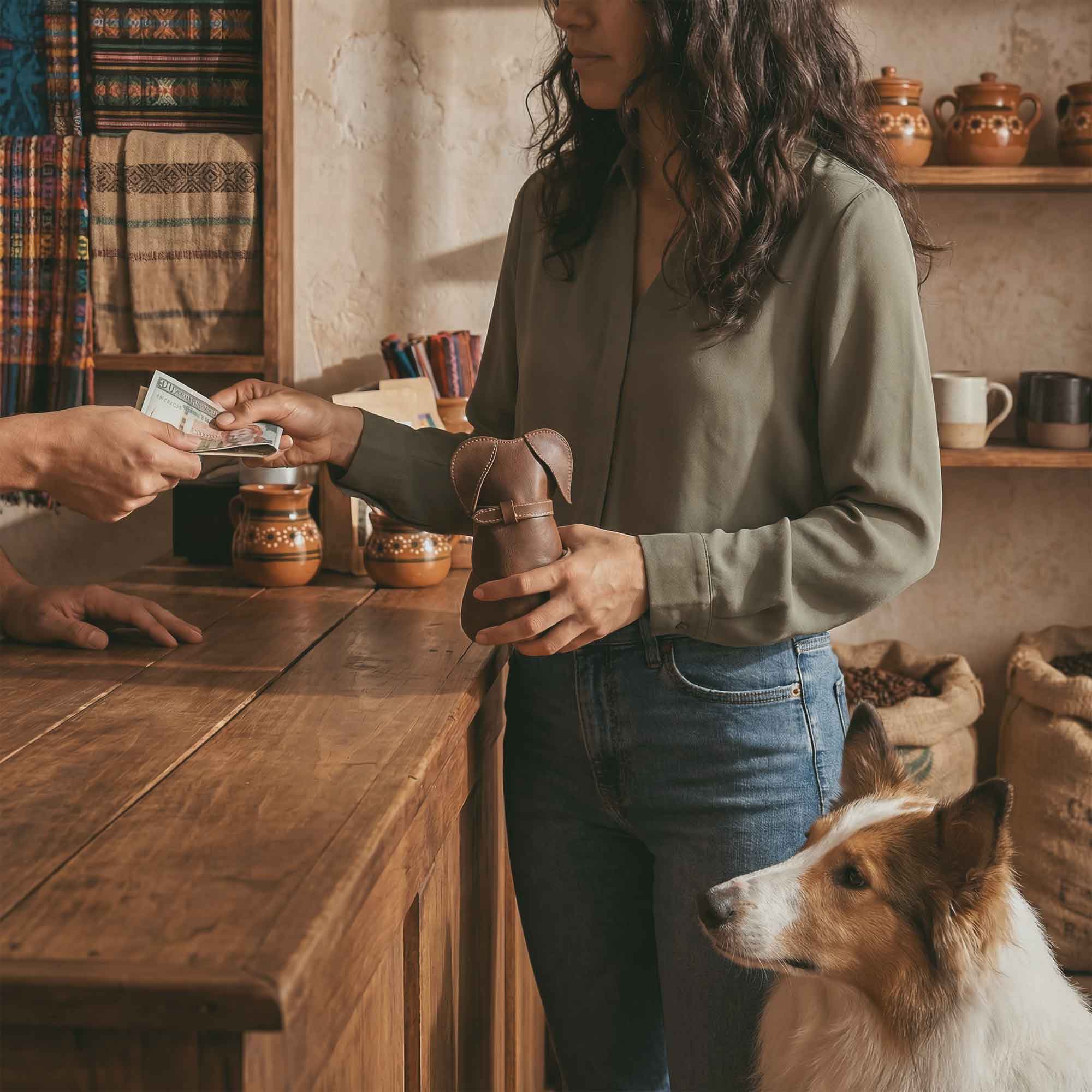 Lifestyle image of the Leather Doggy Pouch by Hide & Play, illustrating its use as a Cash Holder Organizer at a point of sale. This Leather Doggy-Shaped Coin Pouch Piggy Bank is ideal for both men and women looking for a practical Coin Purse and Money Saving Box. The Small Mens Wallet for Coins, made from Full Grain Leather, boasts exceptional handmade quality by artisans in La Antigua Guatemala and Oaxaca Mexico.