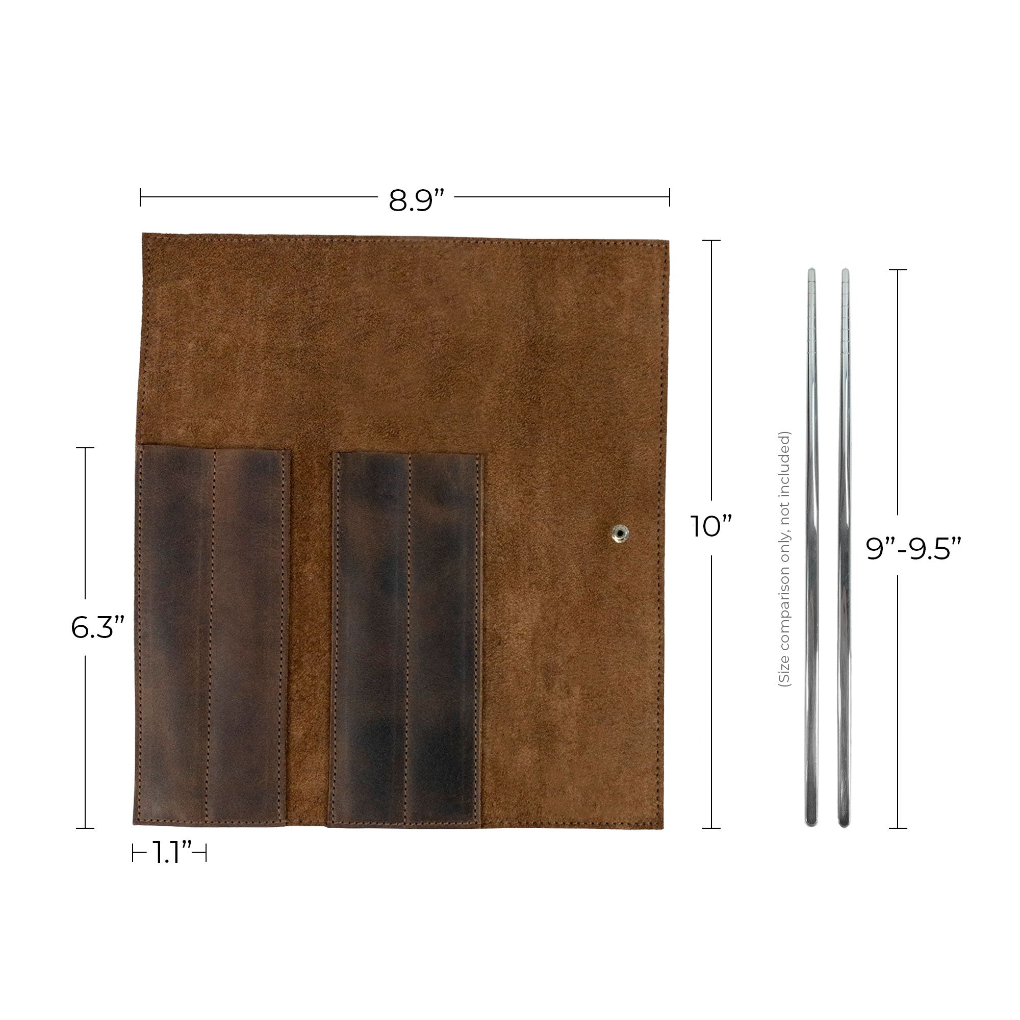 Dimensions of the Rustic Roll Bag for Chopsticks outlined beside chopsticks for easy comparison, illustrating precision craftsmanship by Cast Leather Co. This organizer is a blend of style and practicality, ideal for any dining experience. Rustic Roll Bag for Chopsticks, Rustic Roll for Chopsticks, Case for Bamboo Wooden Chopsticks, Kitchen Organizer, Full Grain Leather, StockyardX, Small Batch Production, Hand Cut, Hand Sewn, Fire Branded, Artisan, Handmade in La Antigua Guatemala & Oaxaca Mexico.