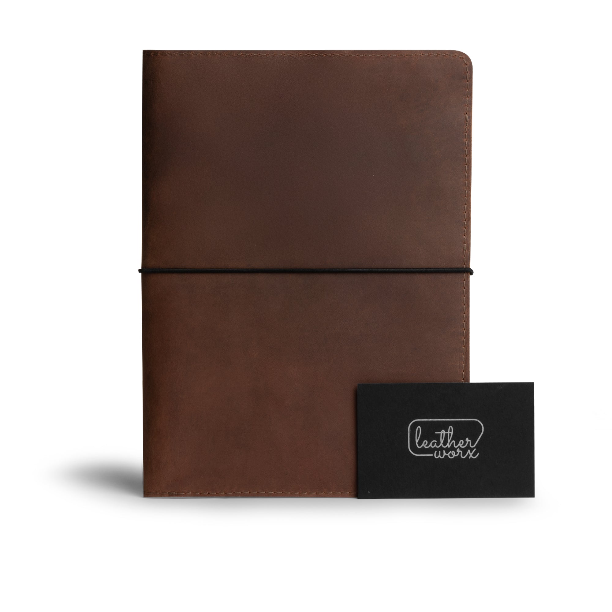 Rustic Cover for A5 Notebooks (5.75 x 8.25 in.) by Leather Worx, showcasing the designed cover with a business card for reference. Constructed from full grain leather in small batch production, reflecting hand cut and hand sewn craftsmanship in La Antigua Guatemala & Oaxaca Mexico.