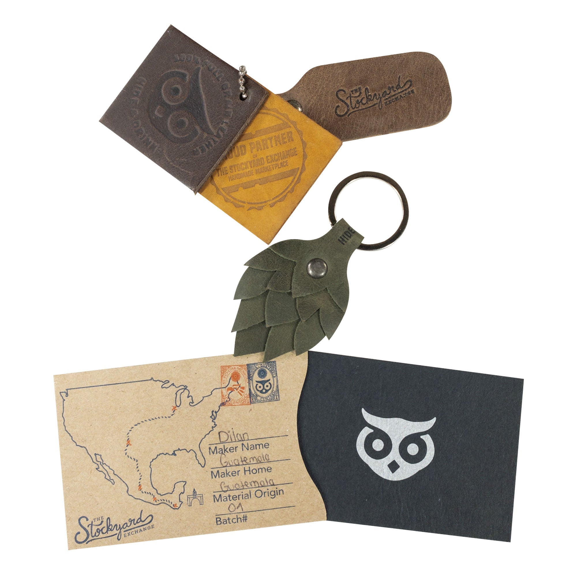 The Hop Flower Keychain by Hide & Drink is displayed with its packaging, featuring a stylish design and artisan details. Ideal for key rings, this Full Grain Leather keychain exemplifies StockyardX’s dedication to small batch production and showcases hand cut, hand sewn features, complemented by fire branding from artisans in La Antigua Guatemala & Oaxaca Mexico.