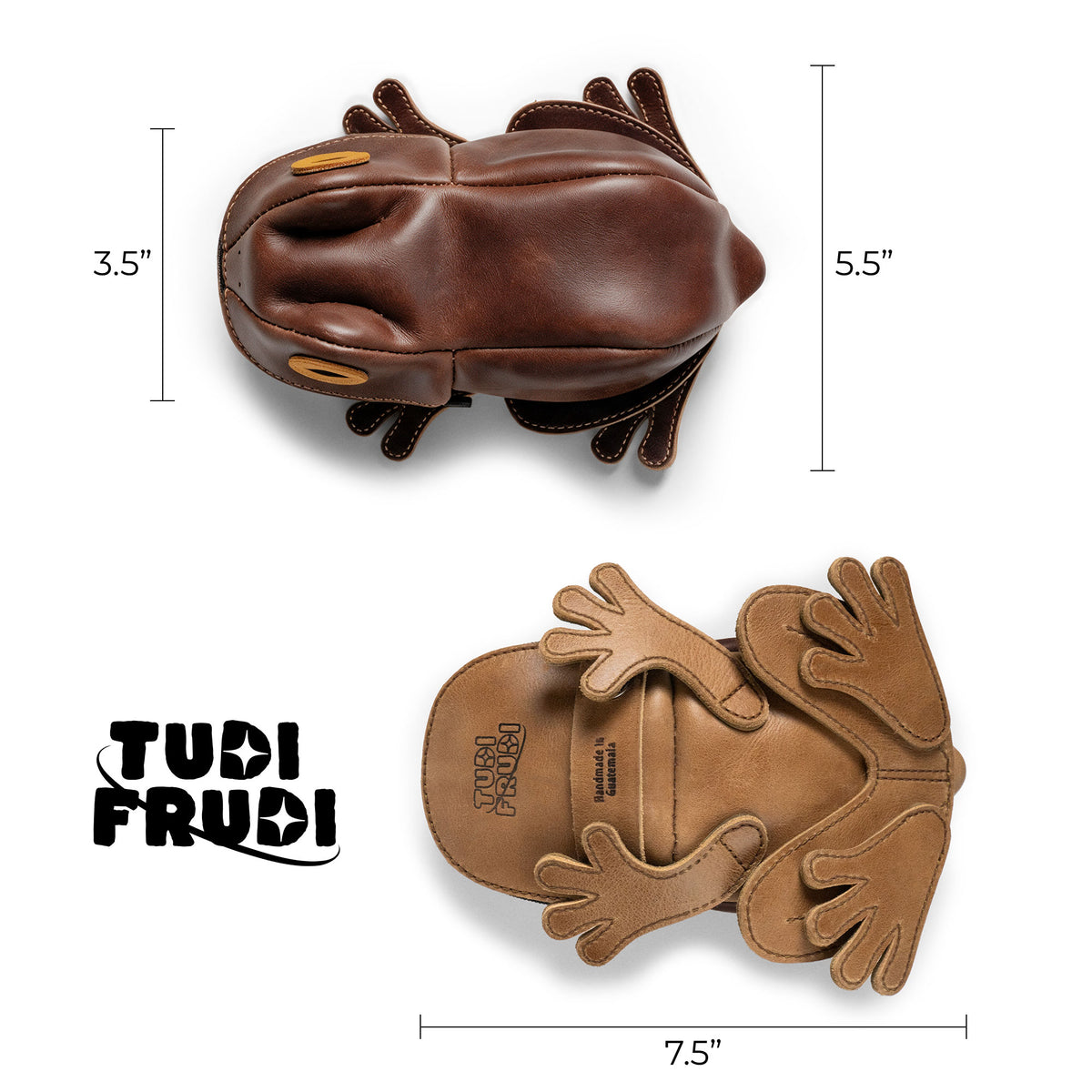 Top and bottom views of the Tudi Frudi Frog Pouch with measurements of 7.5 by 5.5 inches, a Frog-Shaped Pouch, Cable Organizer, and Small Accessory Case; Zippered Cash Holder Wallet for Coins and Change Purse for Pouches for Men and Women. Made from Full Grain Leather by StockyardX using Small Batch Production, Hand Cut and Hand Sewn methods, Fire Branded, Artisan, Handmade in La Antigua Guatemala & Oaxaca Mexico.