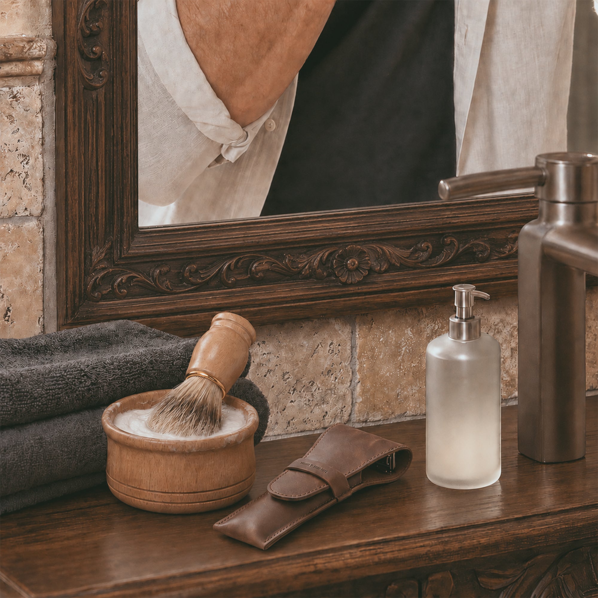Safety Razor Case by Hide & Drink with a sleek razor included, made from premium Full Grain Leather. This handmade piece is an essential for personal care, showcasing small batch production from skilled artisans in La Antigua Guatemala.