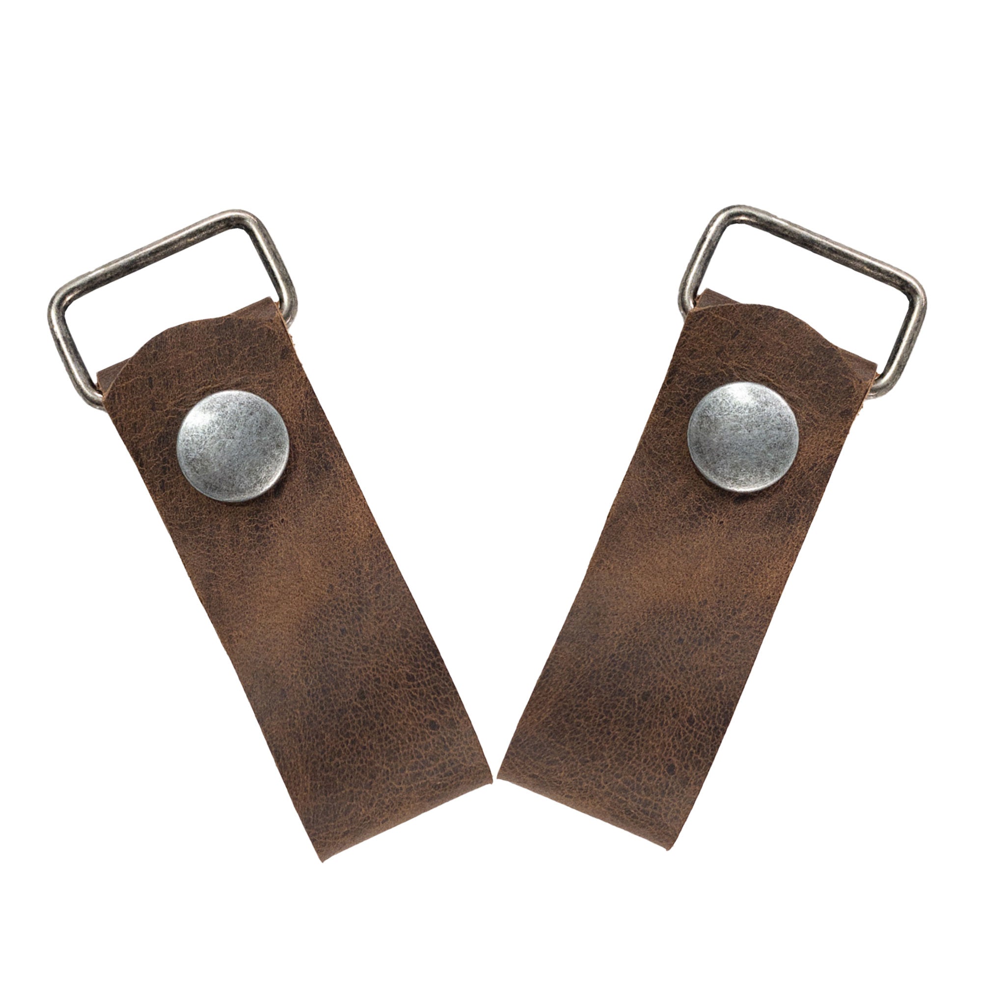 A close-up view of a Set of 2 Suspender Loop Attachments with Snap Closure by Hide & Groom, showcasing the heavy-duty full grain leather design, perfect for weddings and crafted through small batch production. Set of 2 Suspender Loops Attachment for Men with Snap Closure, Heavy Duty, Wedding Accessories, Full Grain Leather, StockyardX, Small Batch Production, Hand Cut, Hand Sewn, Fire Branded, Artisan, Handmade in La Antigua Guatemala & Oaxaca Mexico.